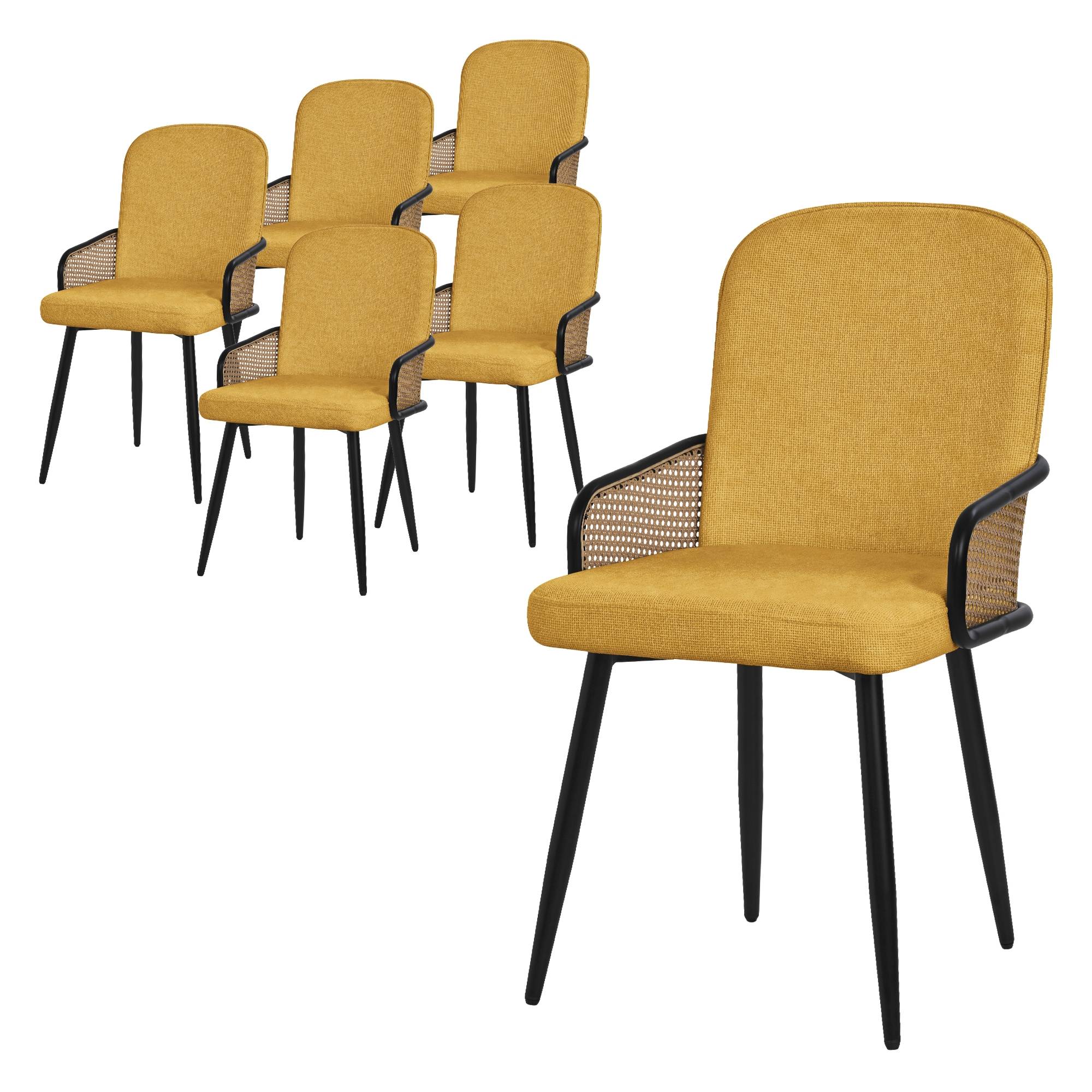 Lot de 6 chaises de salle à manger en tissu moutarde avec accoudoirs en rotin pieds en métal noir assise rembourrée confortable fauteuils ergonomiques - Image 1