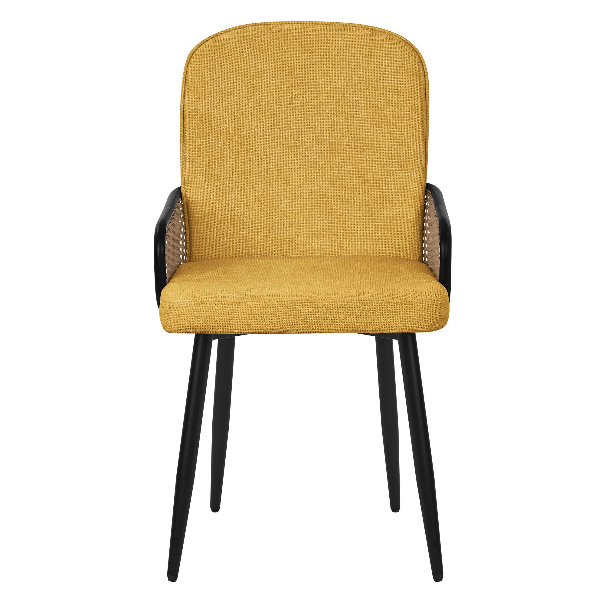 Lot de 6 chaises de salle à manger en tissu moutarde avec accoudoirs en rotin pieds en métal noir assise rembourrée confortable fauteuils ergonomiques - Image 2