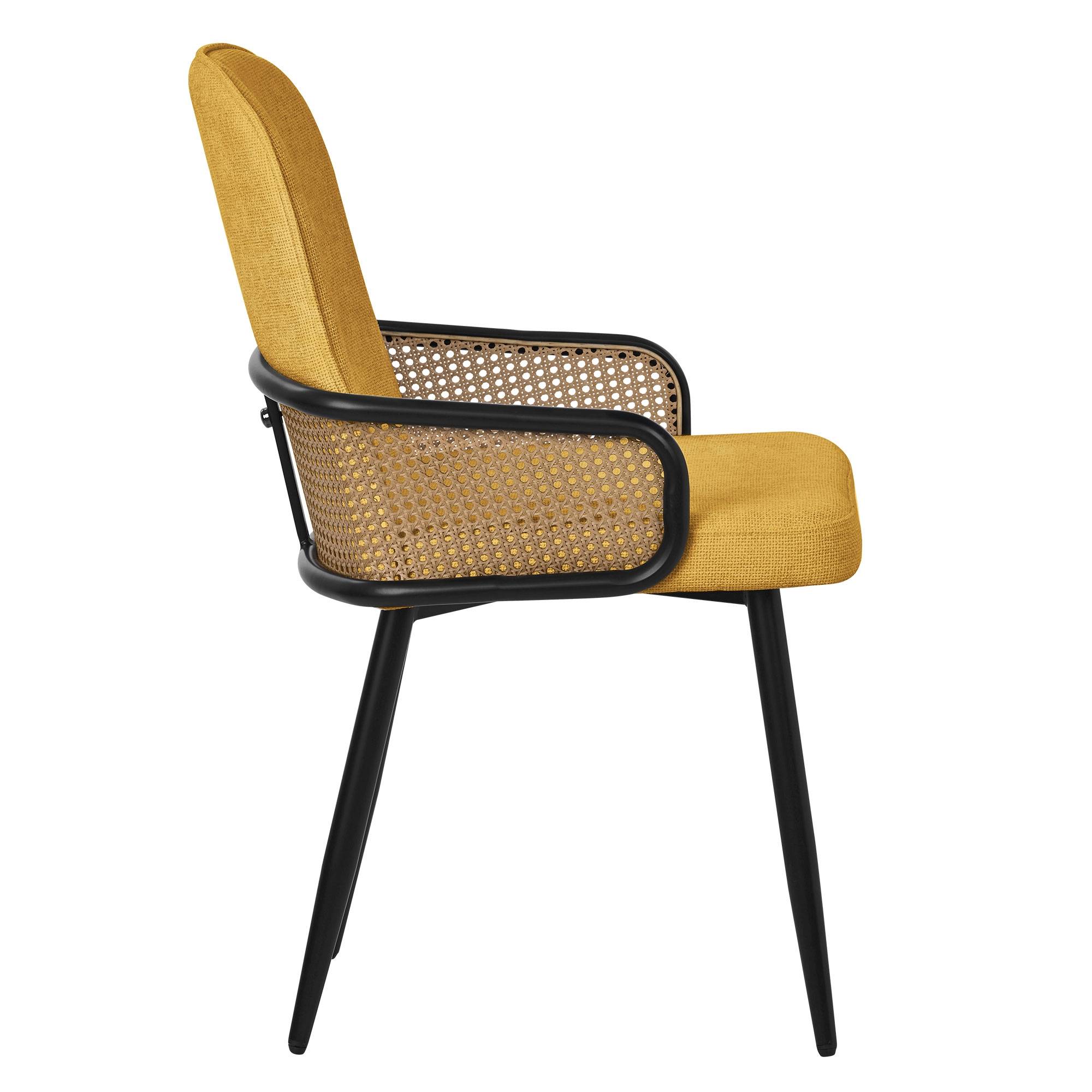 Lot de 6 chaises de salle à manger en tissu moutarde avec accoudoirs en rotin pieds en métal noir assise rembourrée confortable fauteuils ergonomiques - Image 3
