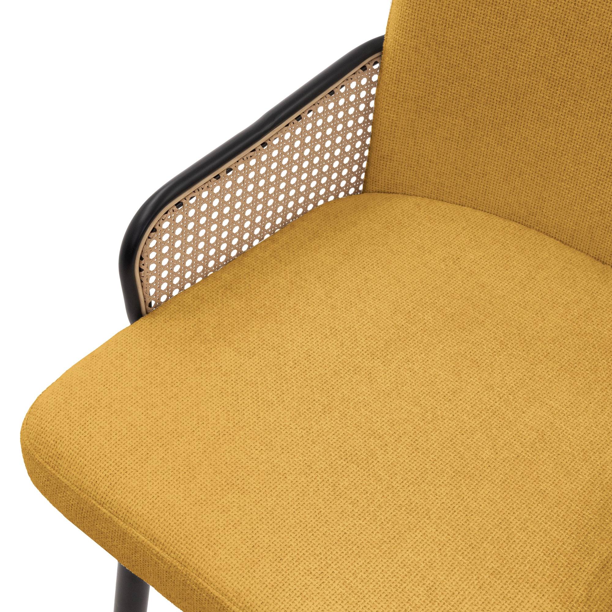Lot de 6 chaises de salle à manger en tissu moutarde avec accoudoirs en rotin pieds en métal noir assise rembourrée confortable fauteuils ergonomiques - Image 5