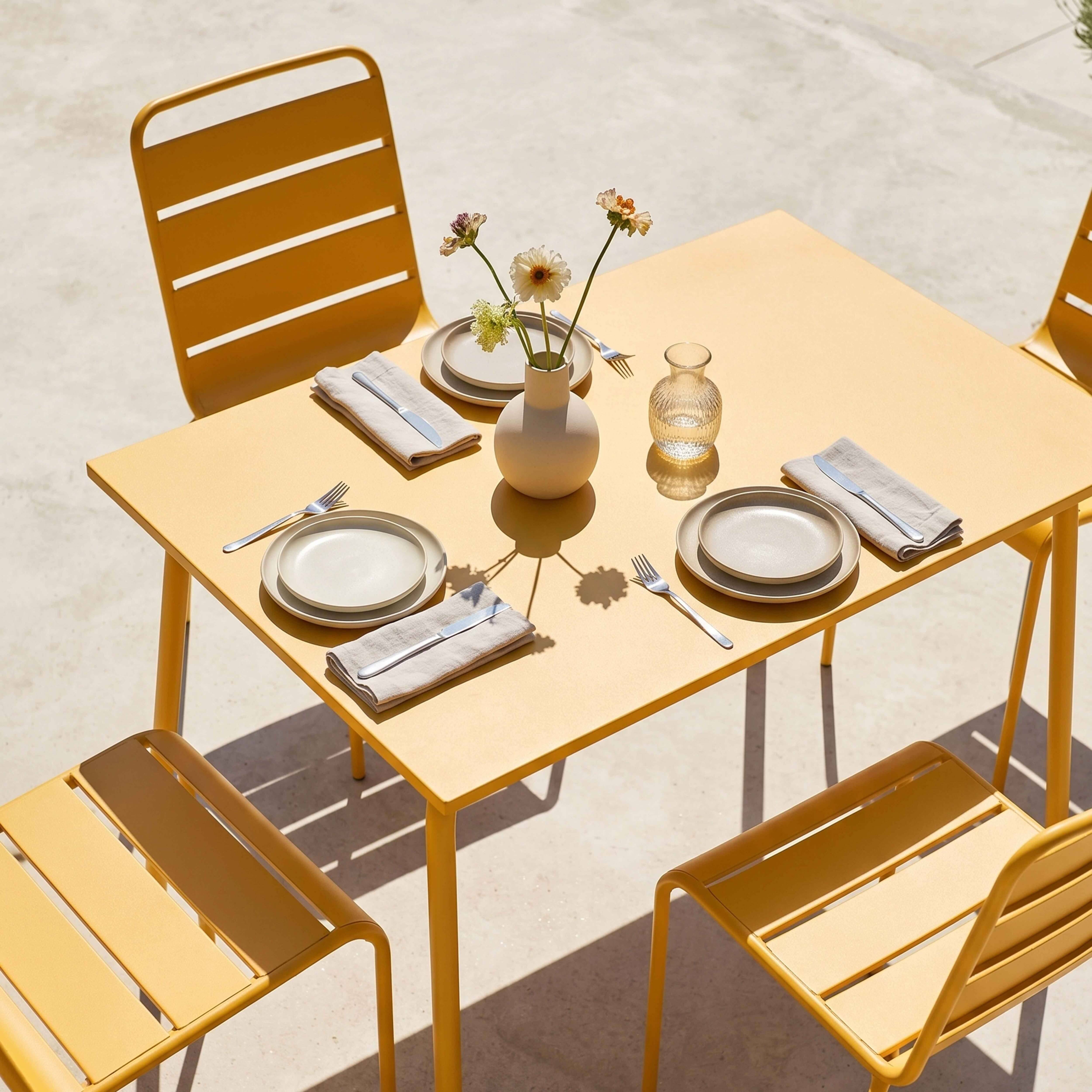Oviala - Ensemble table de jardin en métal et 4 chaises jaune Palavas - Oviala - Imagen 3
