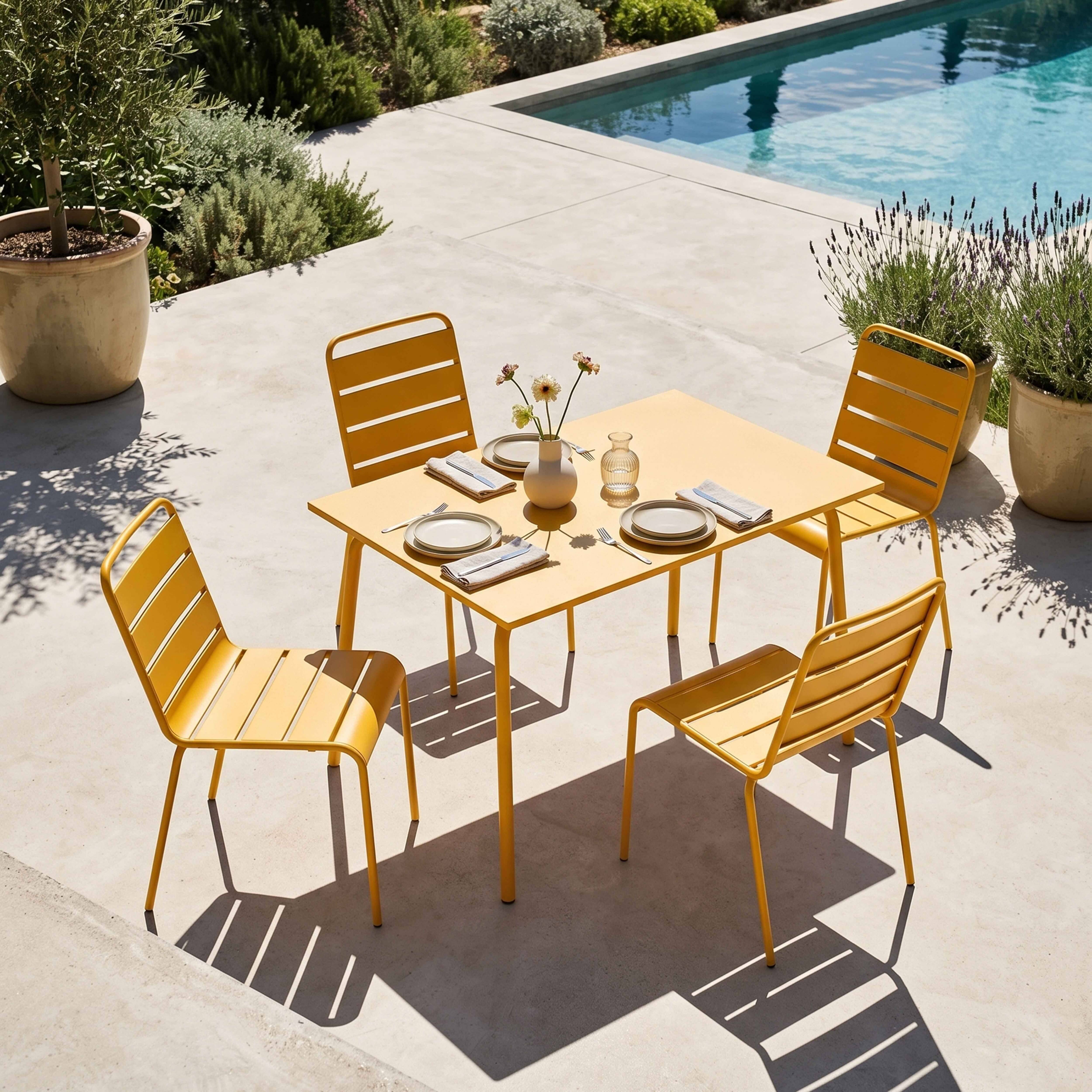 Oviala - Ensemble table de jardin en métal et 4 chaises jaune Palavas - Oviala - Imagen 2