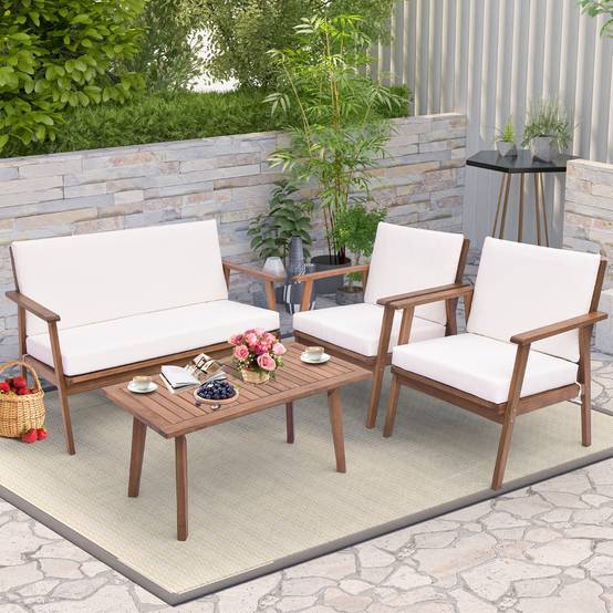 Ensemble de Meubles d'Extérieur 4 Pièces Bois d'Acacia Salon de Jardin avec Table Basse Rectangulaire Coussins Blanc MAISON CHIC - Image 2