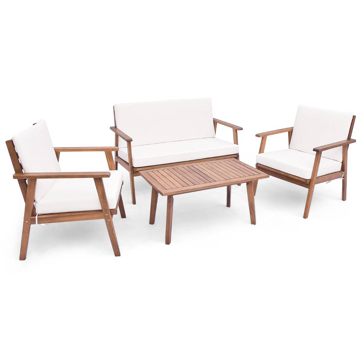 Ensemble de Meubles d'Extérieur 4 Pièces Bois d'Acacia Salon de Jardin avec Table Basse Rectangulaire Coussins Blanc MAISON CHIC - Image 1