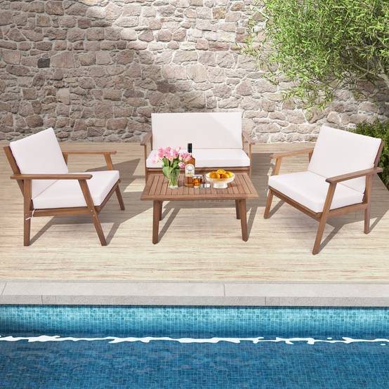 Ensemble de Meubles d'Extérieur 4 Pièces Bois d'Acacia Salon de Jardin avec Table Basse Rectangulaire Coussins Blanc MAISON CHIC - Image 4