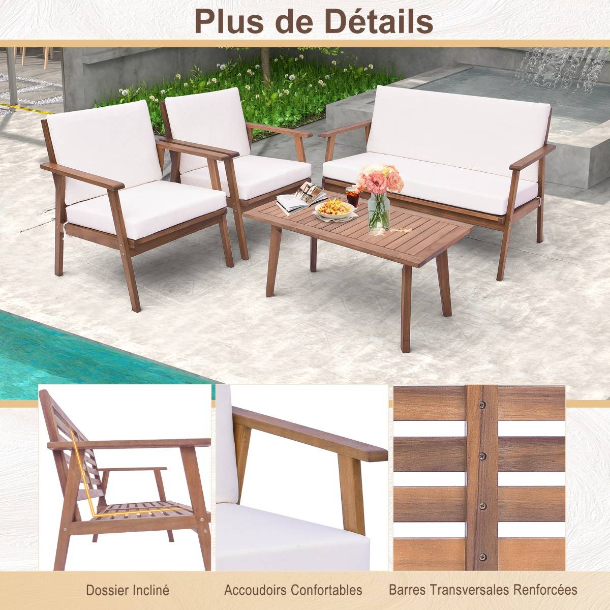 Ensemble de Meubles d'Extérieur 4 Pièces Bois d'Acacia Salon de Jardin avec Table Basse Rectangulaire Coussins Blanc MAISON CHIC - Image 7