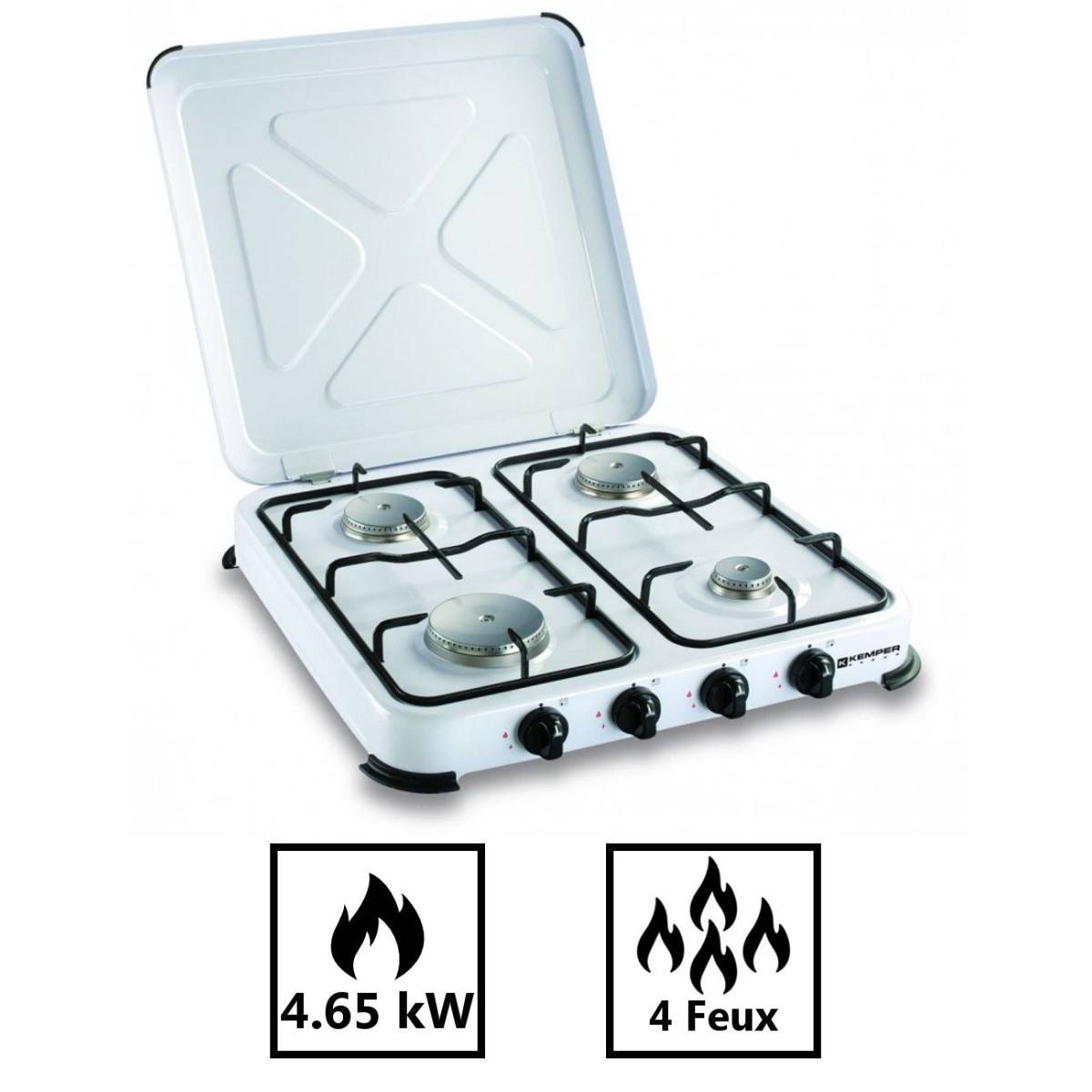 Plaque de cuisson gaz portable 4 feux - Réchaud gaz 4650W Blanc Couvercle et grilles amovibles Camping Cuisine Exterieure KEMPER - Imagen 4