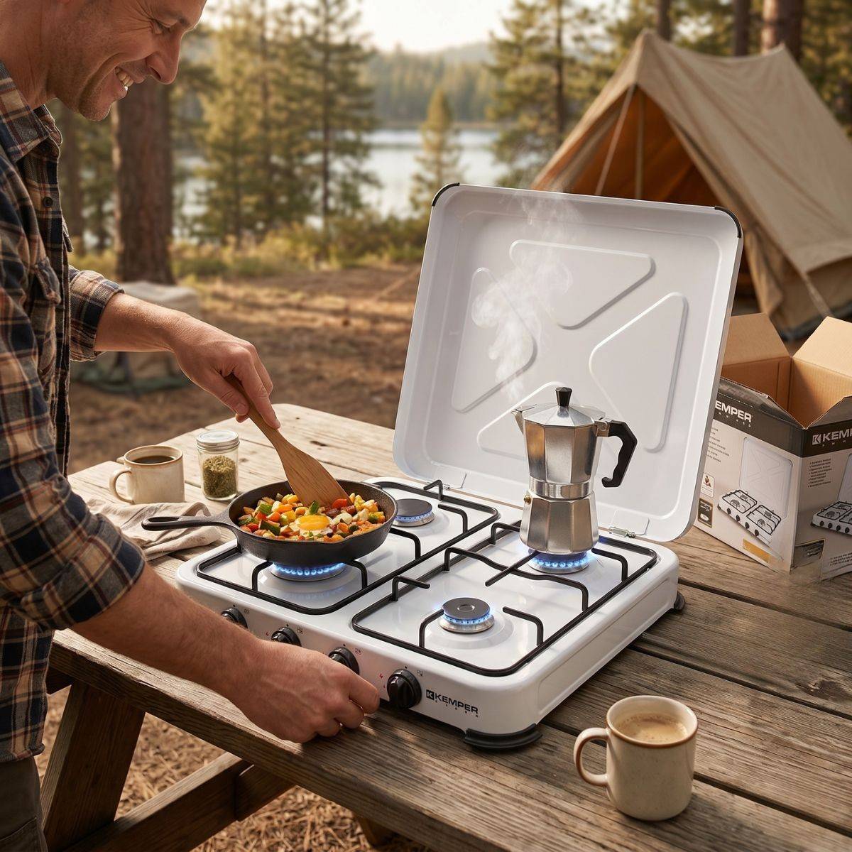 Plaque de cuisson gaz portable 4 feux - Réchaud gaz 4650W Blanc Couvercle et grilles amovibles Camping Cuisine Exterieure KEMPER - Imagen 2