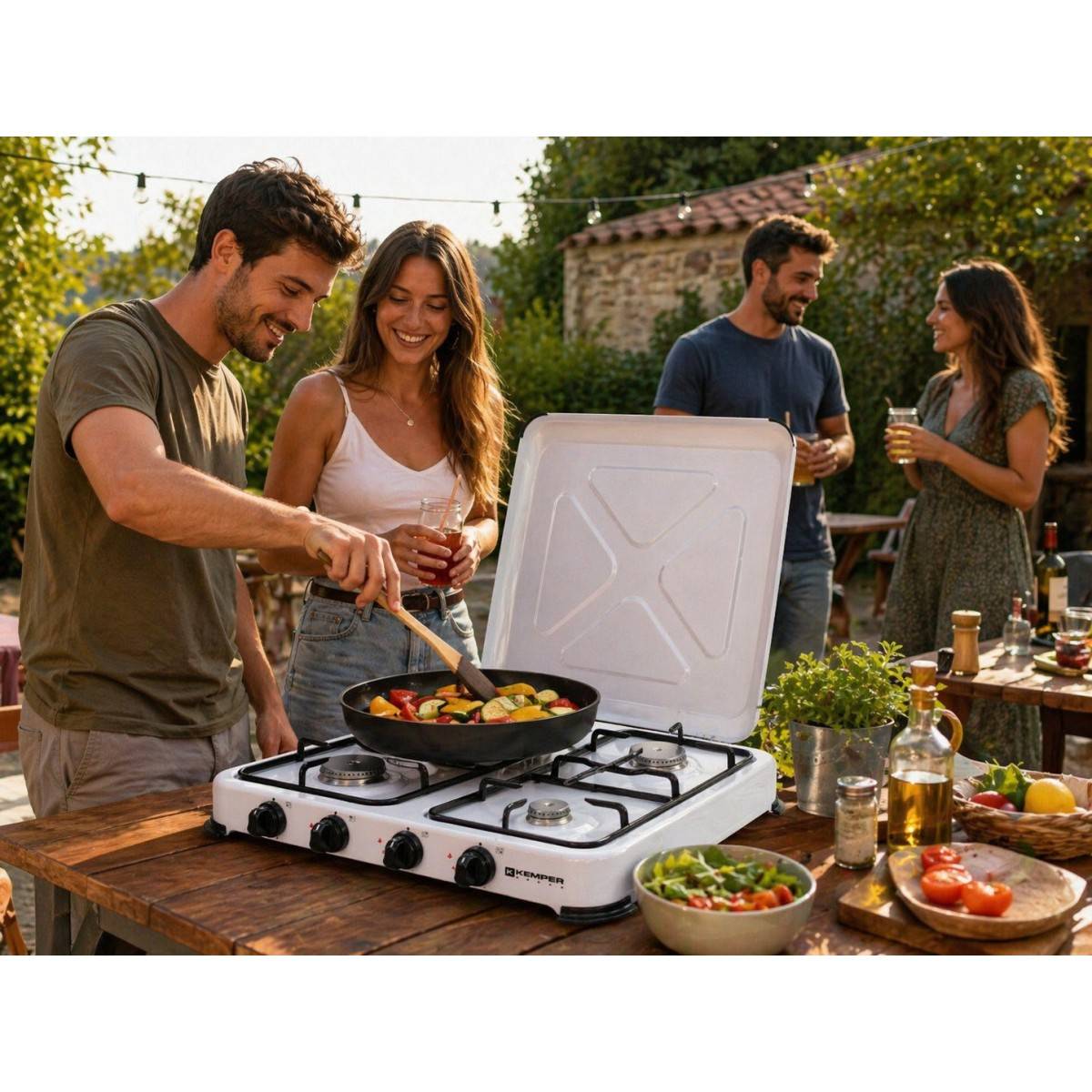 Plaque de cuisson gaz portable 4 feux - Réchaud gaz 4650W Blanc Couvercle et grilles amovibles Camping Cuisine Exterieure KEMPER - Imagen 6