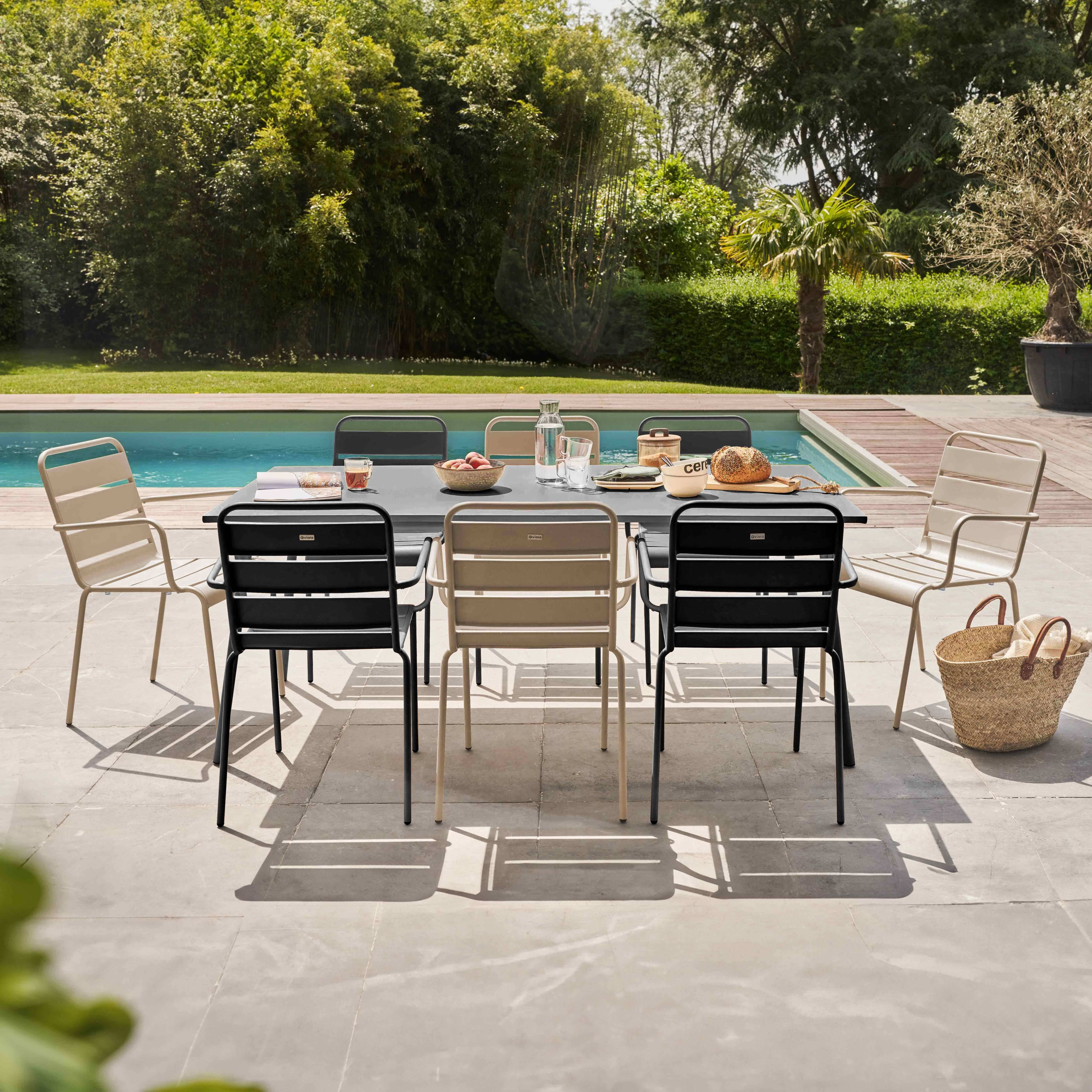Oviala - Ensemble table de jardin et 8 fauteuils en métal taupe et gris Palavas - Oviala - Imagen 2
