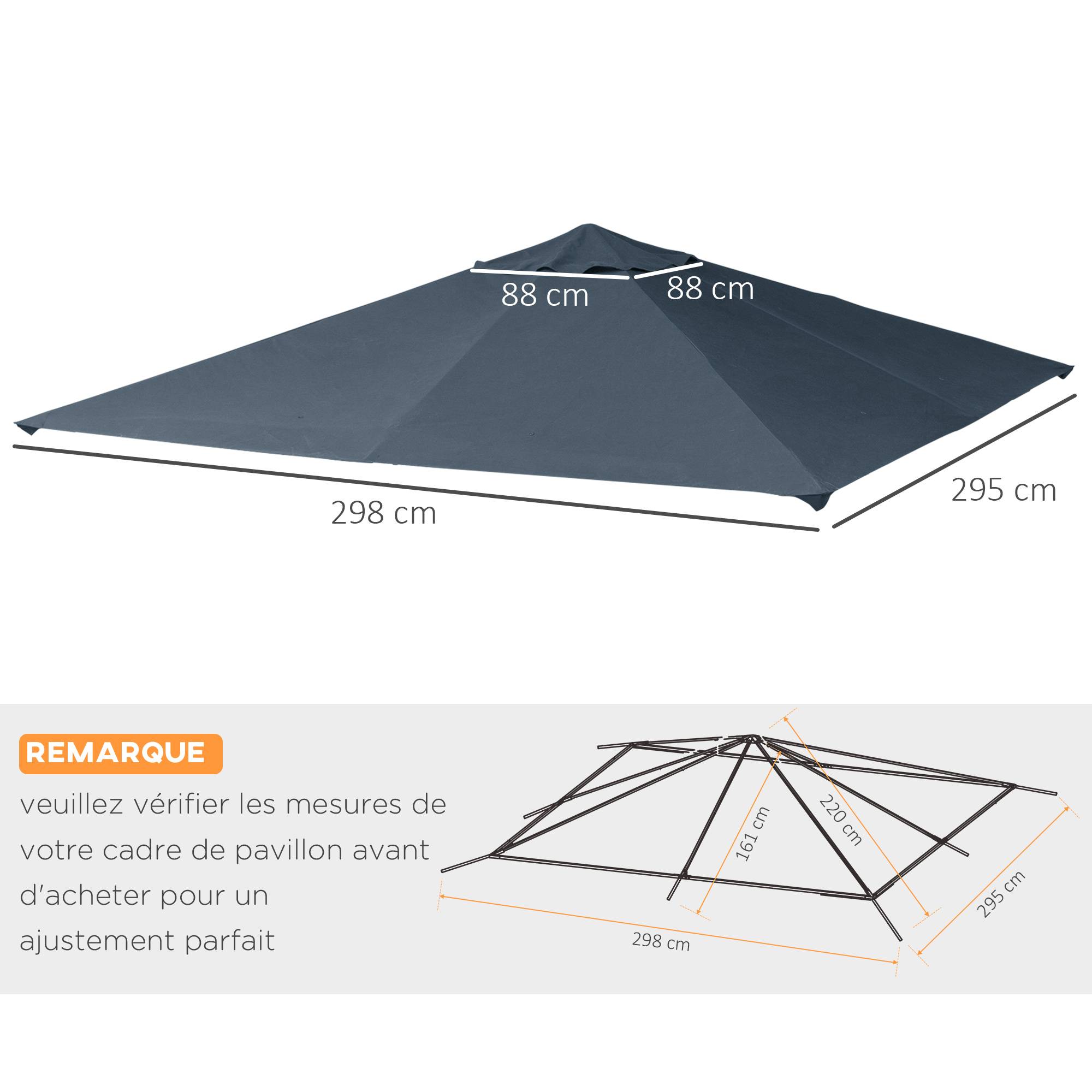 Outsunny - Toile de rechange pour pavillon tonnelle gazebo 3x3m anti-UV polyester haute densité 180g/m² gris - Outsunny - Imagen 3