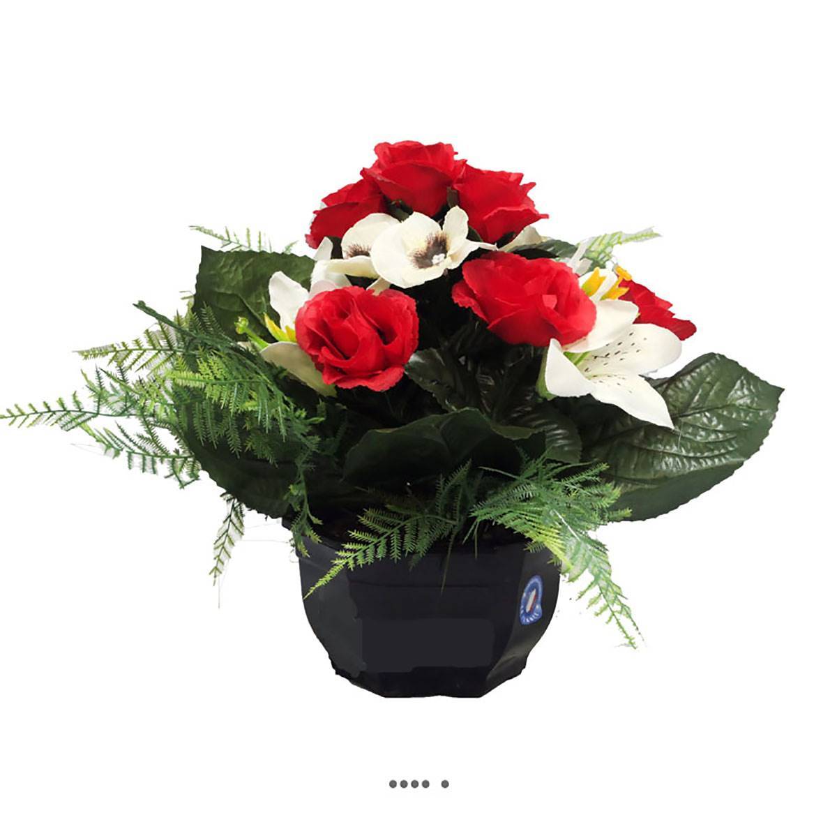 Artificielles - Composition fleurs artificielles pour cimetière vasque roses, lys et pensées H 28 cm D 32 cm Rouge - couleur: Rouge 755 - Imagen 2
