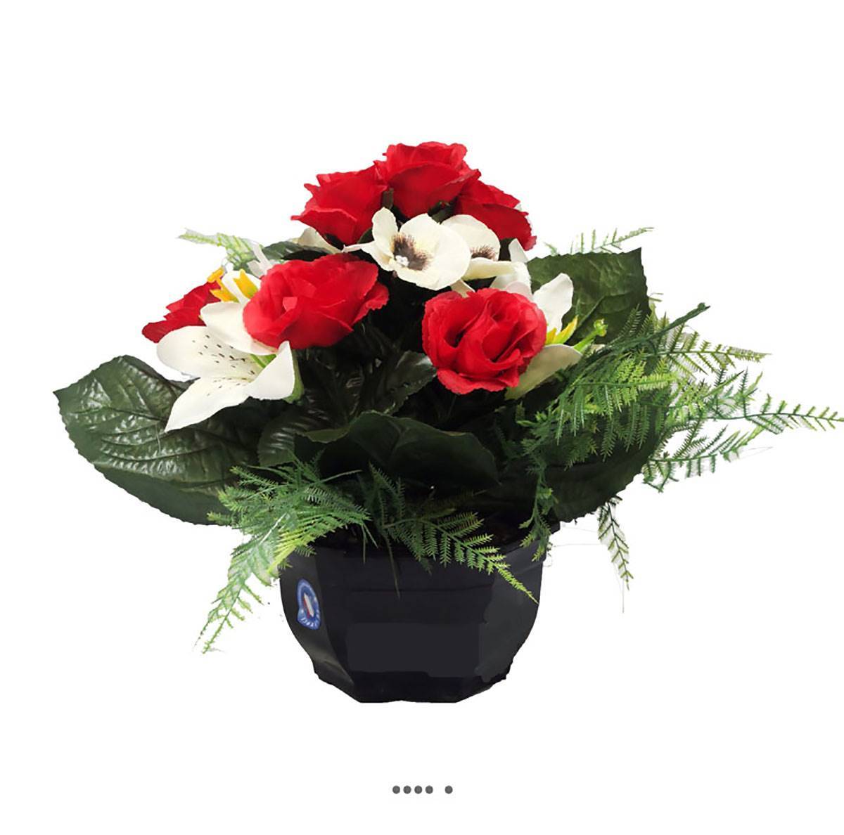 Artificielles - Composition fleurs artificielles pour cimetière vasque roses, lys et pensées H 28 cm D 32 cm Rouge - couleur: Rouge 755 - Imagen 1