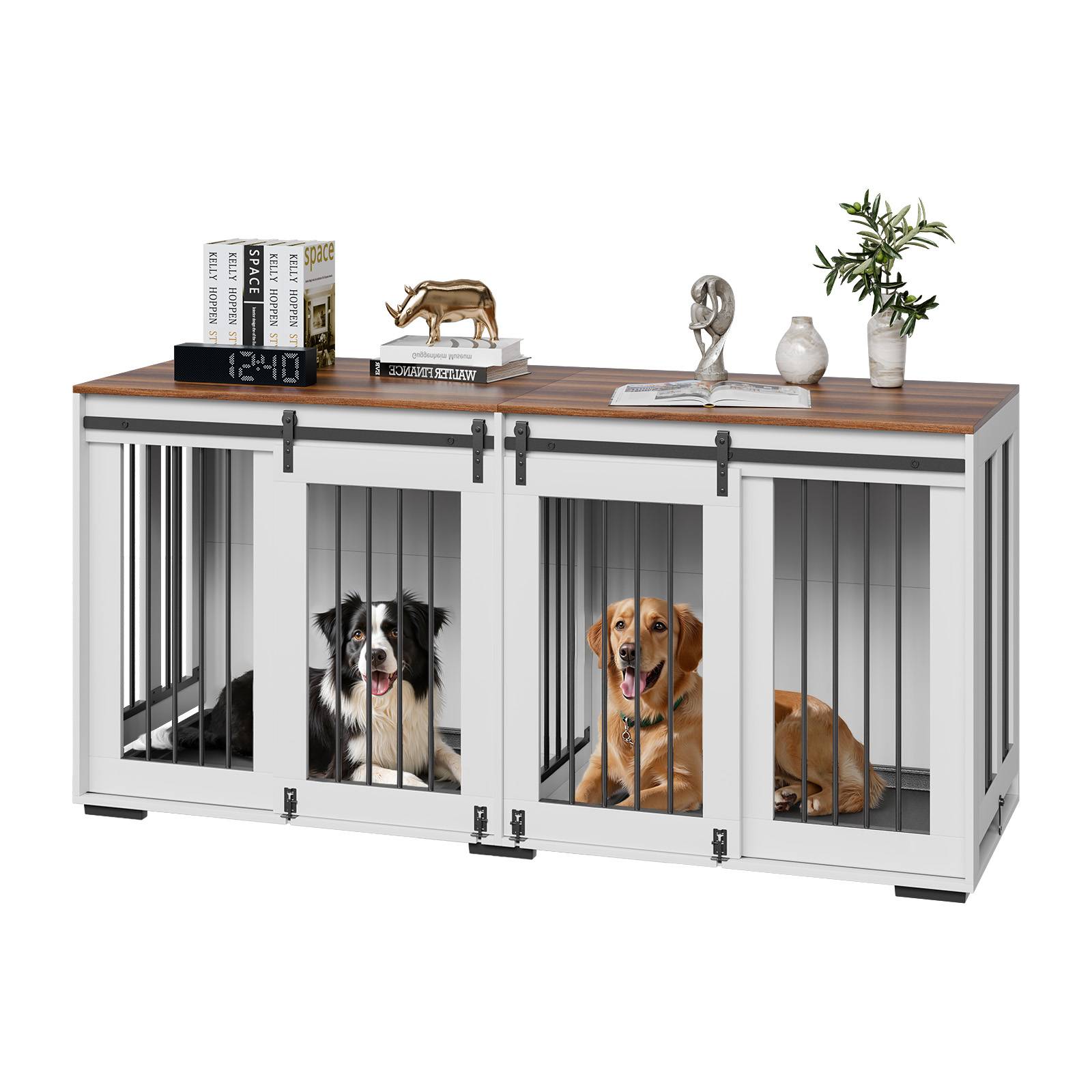 VEVOR Cage chien meuble bois, 1800x600x861 mm. Porte coulissante, plateau amovible. Marron/blanc. - Image 1