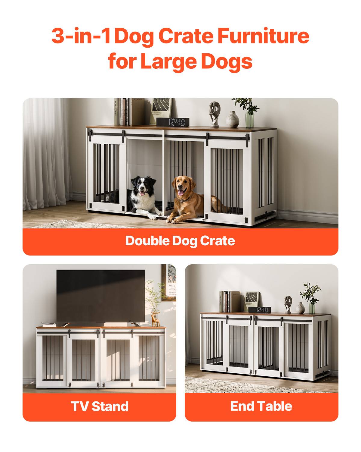 VEVOR Cage chien meuble bois, 1800x600x861 mm. Porte coulissante, plateau amovible. Marron/blanc. - Image 2
