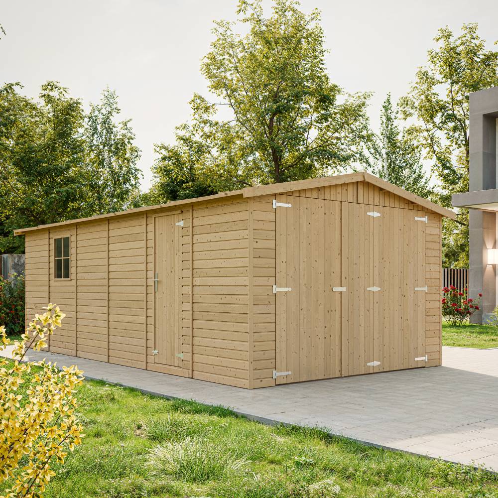 Timbela - Garage en bois Naturel H222X616x324 cm / 18 m²  - Rangement pour vélos, remise à outils - 17 mm d’épaisseur - Timbela M102 - Image 1