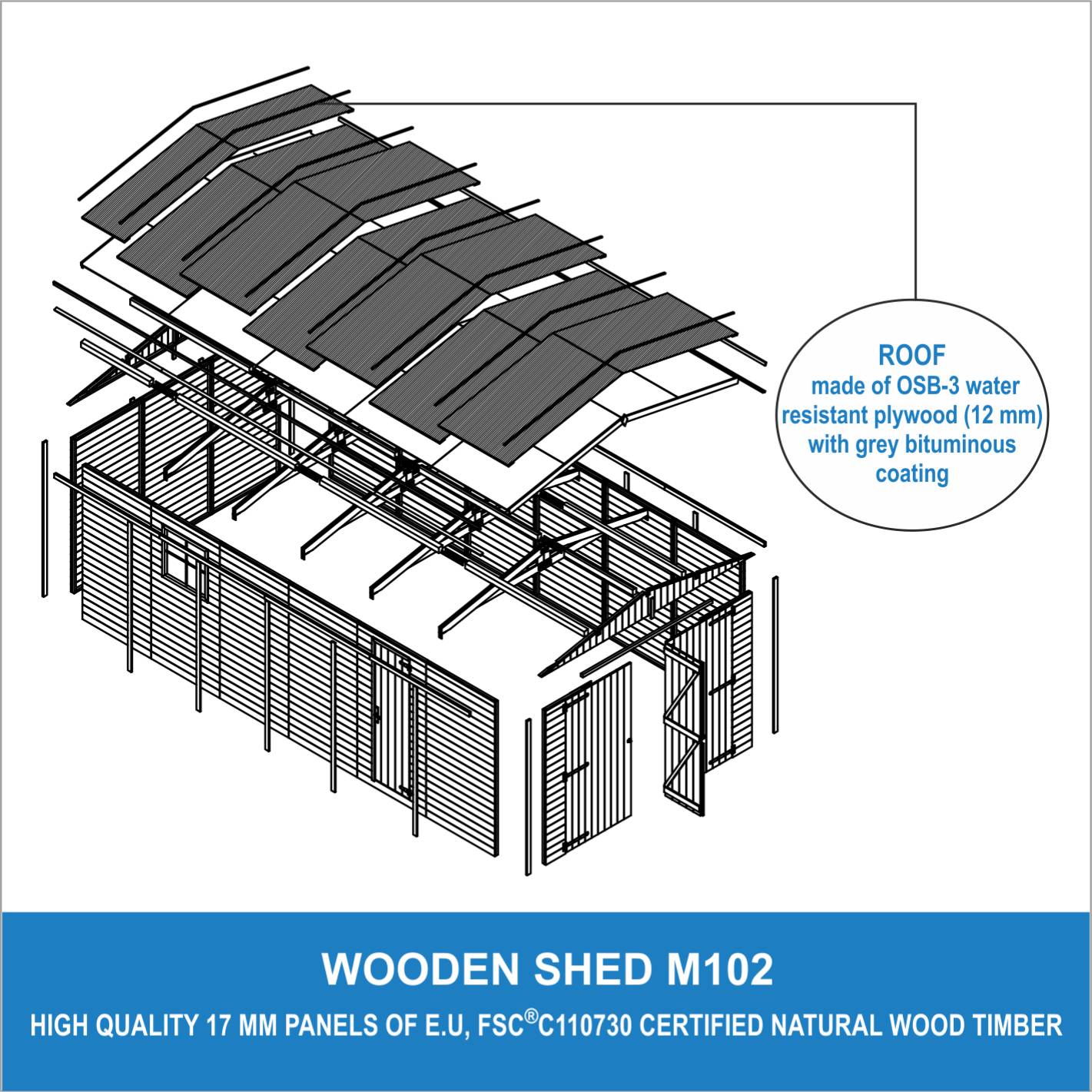Timbela - Garage en bois Naturel H222X616x324 cm / 18 m²  - Rangement pour vélos, remise à outils - 17 mm d’épaisseur - Timbela M102 - Image 8