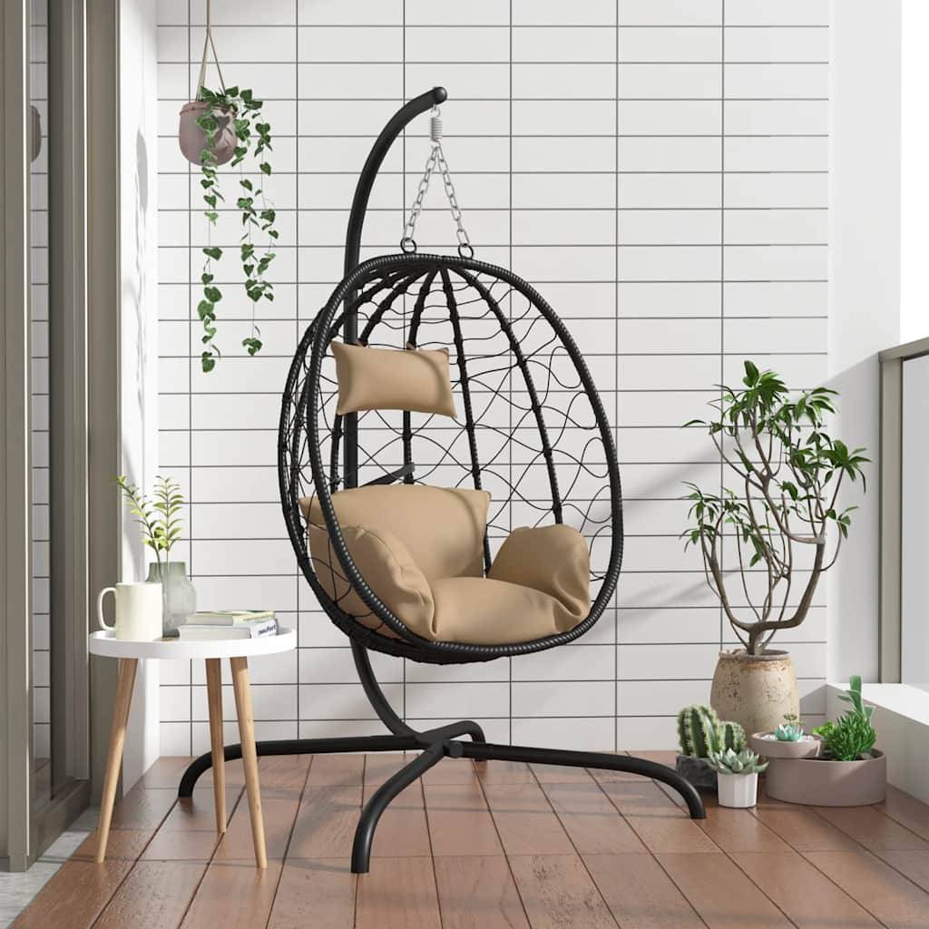 Chaise Balançoire Design Œuf en Rotin PE et Métal Robuste avec Coussin Confort pour Détente Terrasse Taupe – ComfortXL Outdoor Living - Image 1