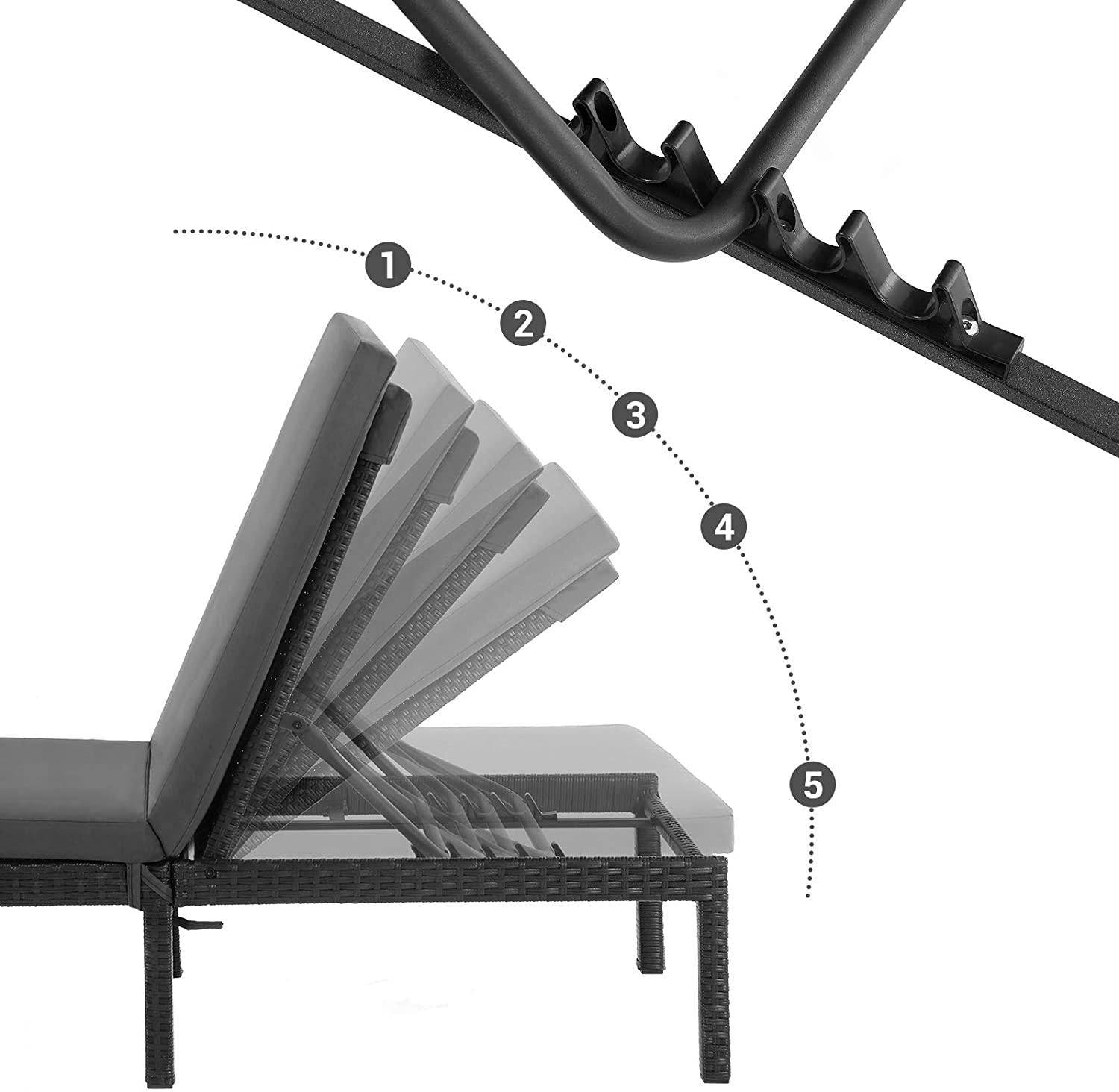 Helloshop26 - Chaise longue bain de soleil transat de relaxation avec matelas de 5 cm surface tissée inclinable 59 x 198 x 28 cm charge 150 kg pour jardin balcon t - Imagen 3