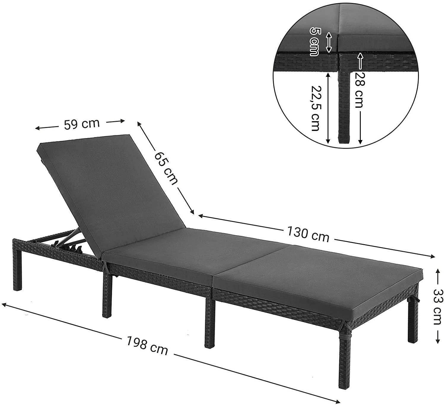 Helloshop26 - Chaise longue bain de soleil transat de relaxation avec matelas de 5 cm surface tissée inclinable 59 x 198 x 28 cm charge 150 kg pour jardin balcon t - Imagen 2