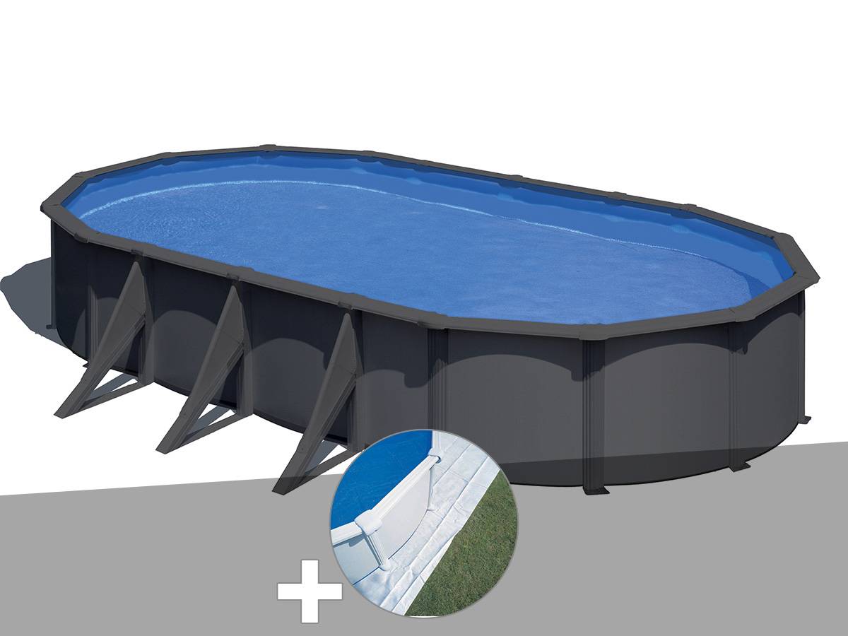 Gré - Kit piscine acier gris anthracite Gré Louko ovale 7,44 x 3,99 x 1,22 m + Tapis de sol