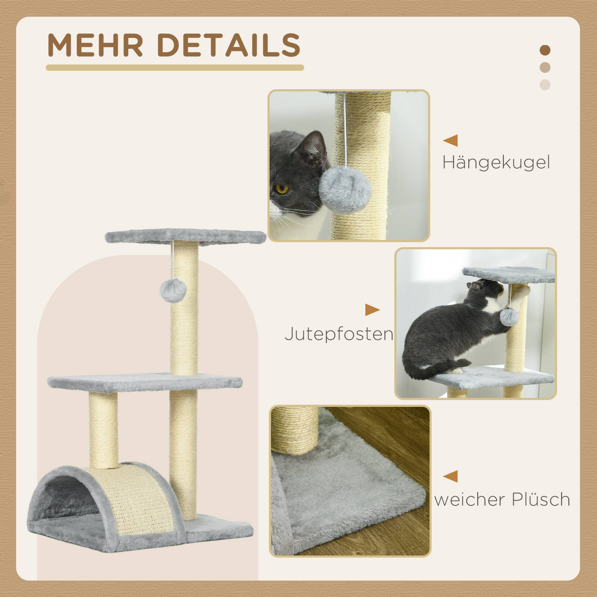 Arbre à chat 72 cm avec balles en peluche, poteaux en sisal, plateforme et griffoir, gris clair - Image 7