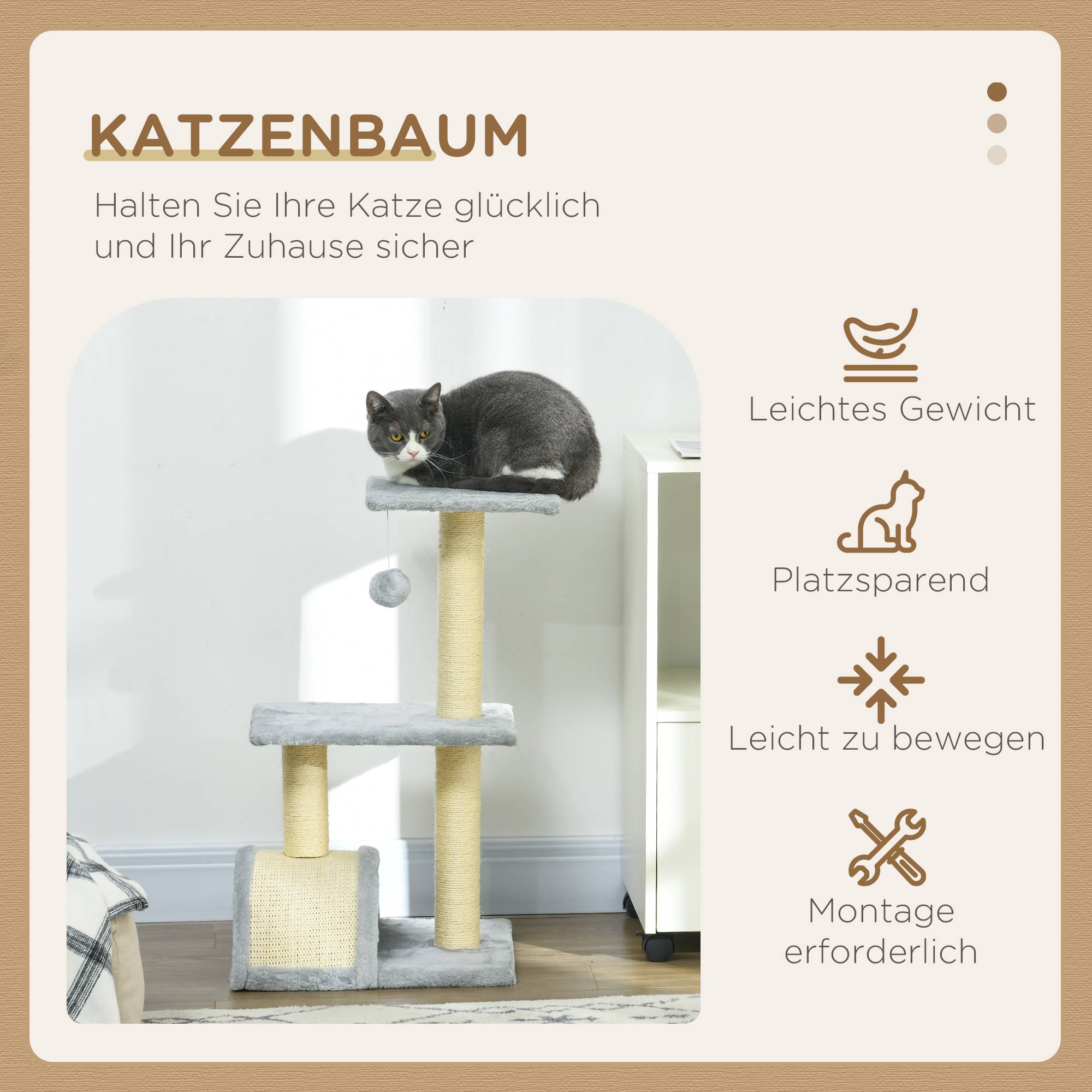 Arbre à chat 72 cm avec balles en peluche, poteaux en sisal, plateforme et griffoir, gris clair - Image 6