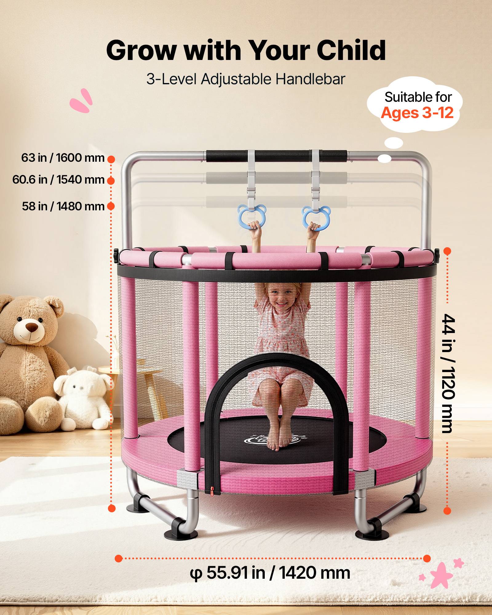 Vevor - VEVOR Trampoline enfant 142 cm, charge 60 kg, rond, filet de sécurité, coussin PVC, accessoires inclus, intérieur et extérieur. - Image 7