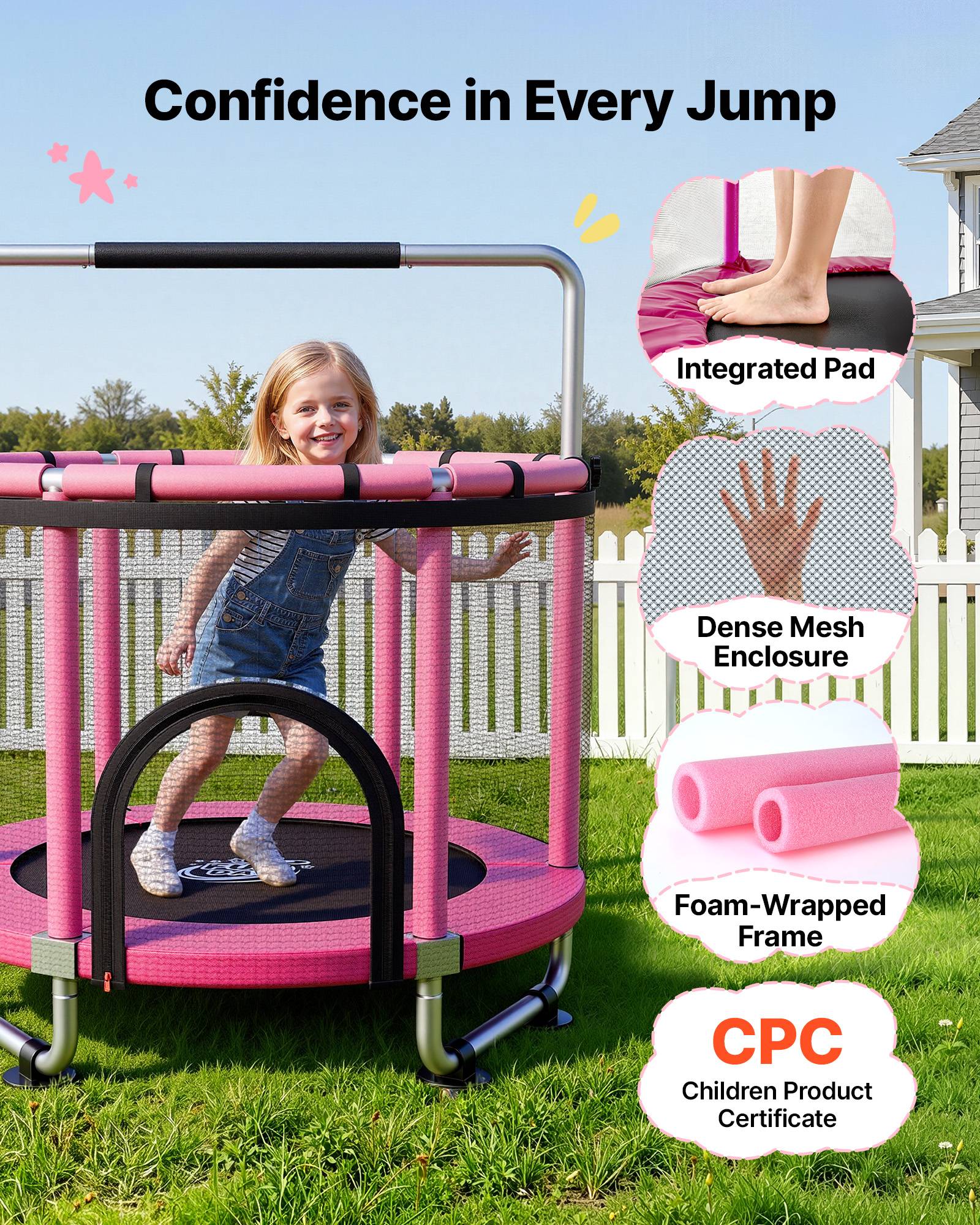 Vevor - VEVOR Trampoline enfant 142 cm, charge 60 kg, rond, filet de sécurité, coussin PVC, accessoires inclus, intérieur et extérieur. - Image 4