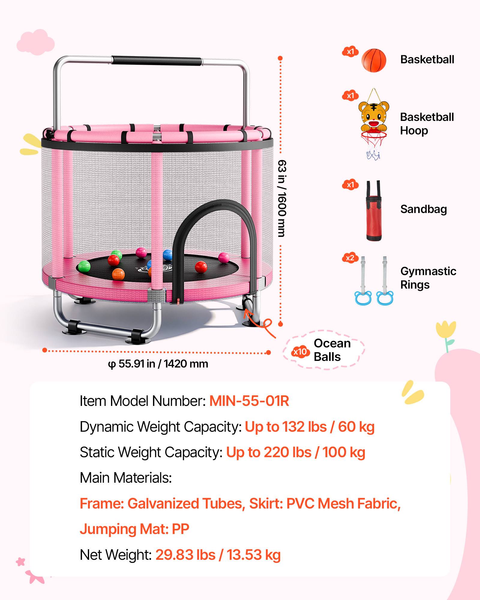 Vevor - VEVOR Trampoline enfant 142 cm, charge 60 kg, rond, filet de sécurité, coussin PVC, accessoires inclus, intérieur et extérieur. - Image 6