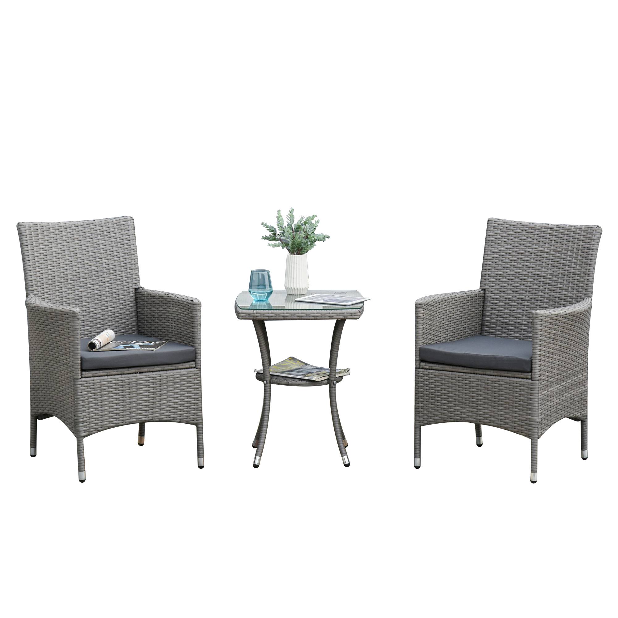 Sans Marque - Ensemble mobilier jardin polyrotin salon 2 personnes balcon 3 pièces 2 chaises table coussins gris - Image 2