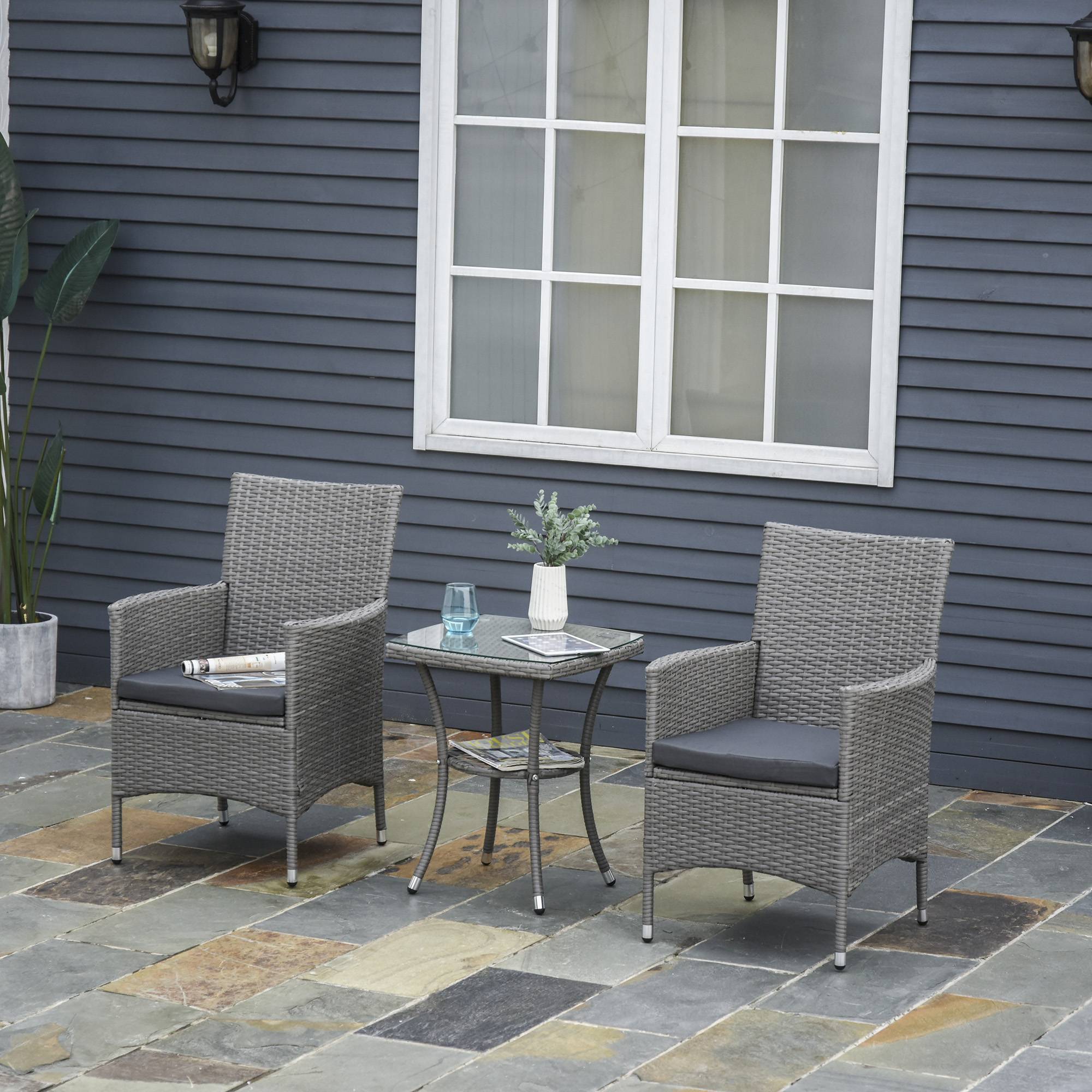 Sans Marque - Ensemble mobilier jardin polyrotin salon 2 personnes balcon 3 pièces 2 chaises table coussins gris - Image 4