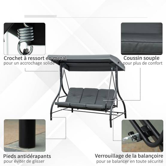 Balancelle jardin 3 places métal convertible lit toit réglable 195x117x175cm gris - ComfortXL Outdoor Living - Image 8