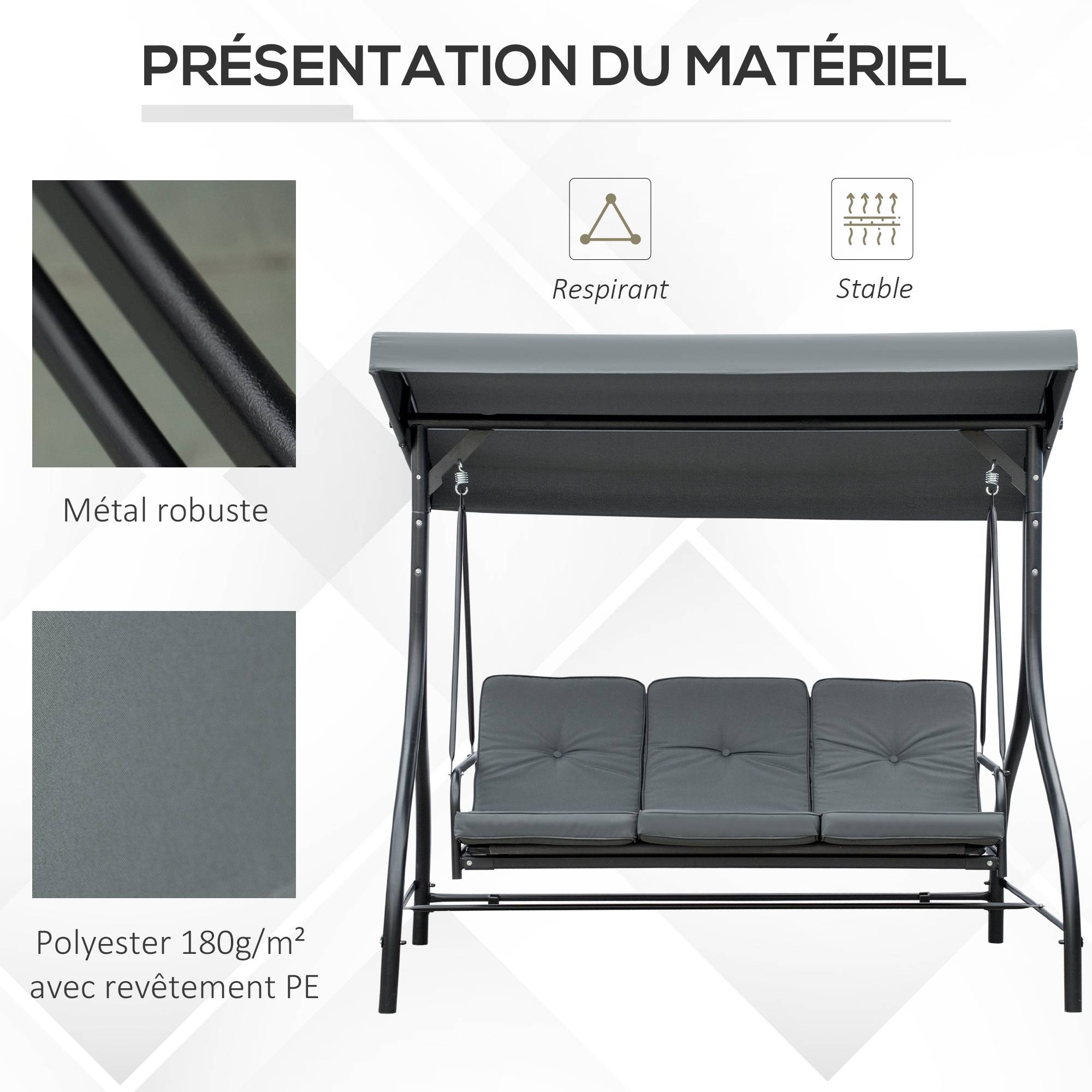 Balancelle jardin 3 places métal convertible lit toit réglable 195x117x175cm gris - ComfortXL Outdoor Living - Image 9