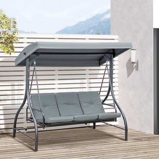 Balancelle jardin 3 places métal convertible lit toit réglable 195x117x175cm gris - ComfortXL Outdoor Living - Image 4