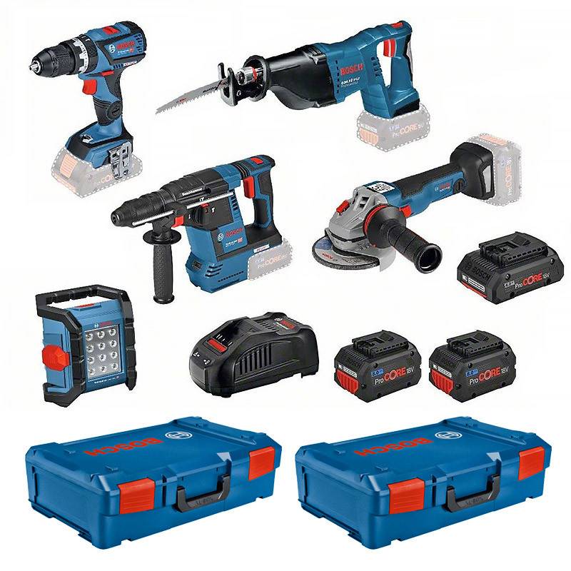 Bosch Professional - Pack 5 outils sans fil 18V - Perceuse à percussion - Meuleuse d'angle - Marteau perforateur - Scie sabre - Lampe - BOSCH - avec 2 batteries 18v 8.0Ah - Imagen 1