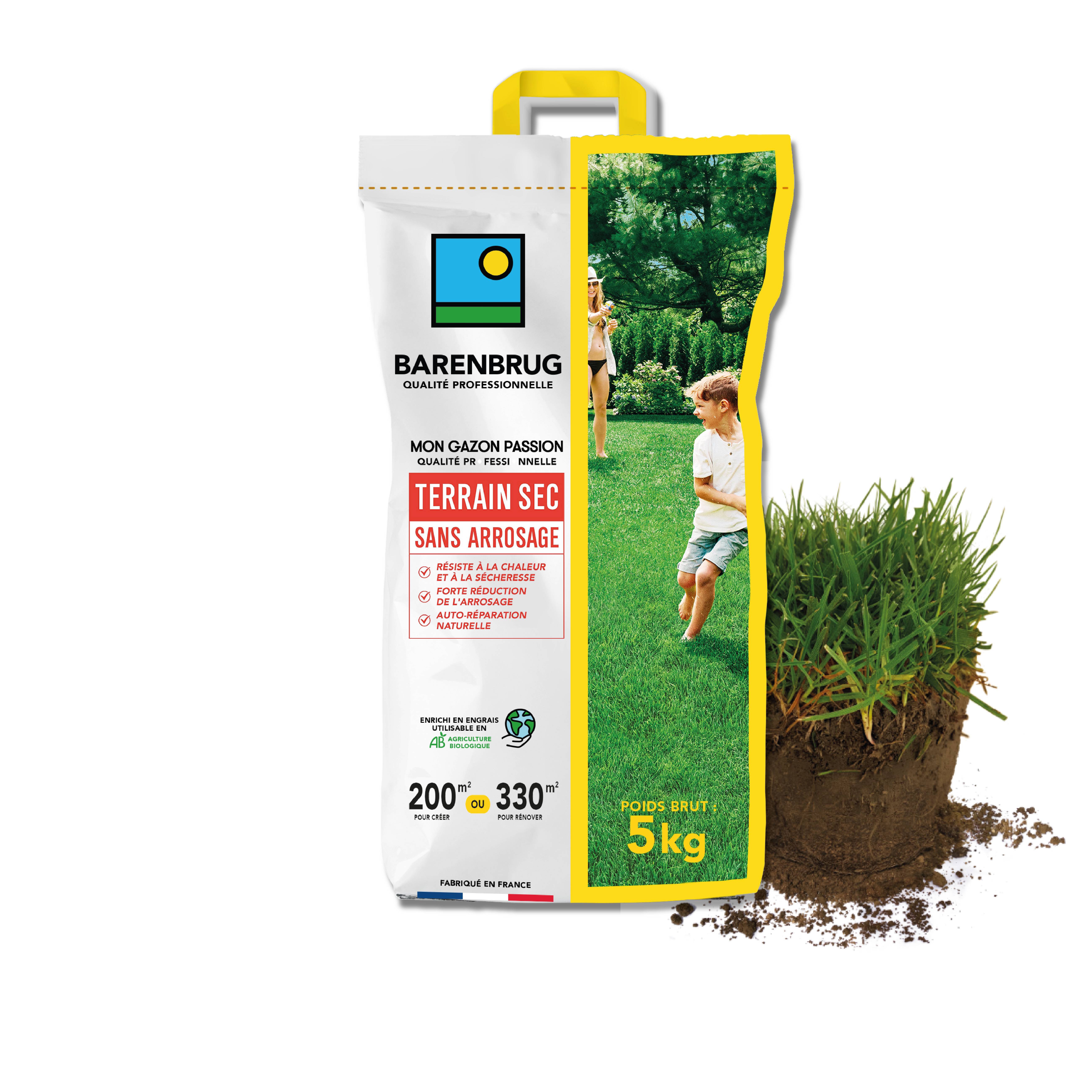Gazon Terrain Sec sans arrosage - Résiste à la Chaleur et à la Sécheresse - Forte Réduction de l'Arrosage - Autoréparation Naturelle - 5KG - BARENBRUG - Image 1