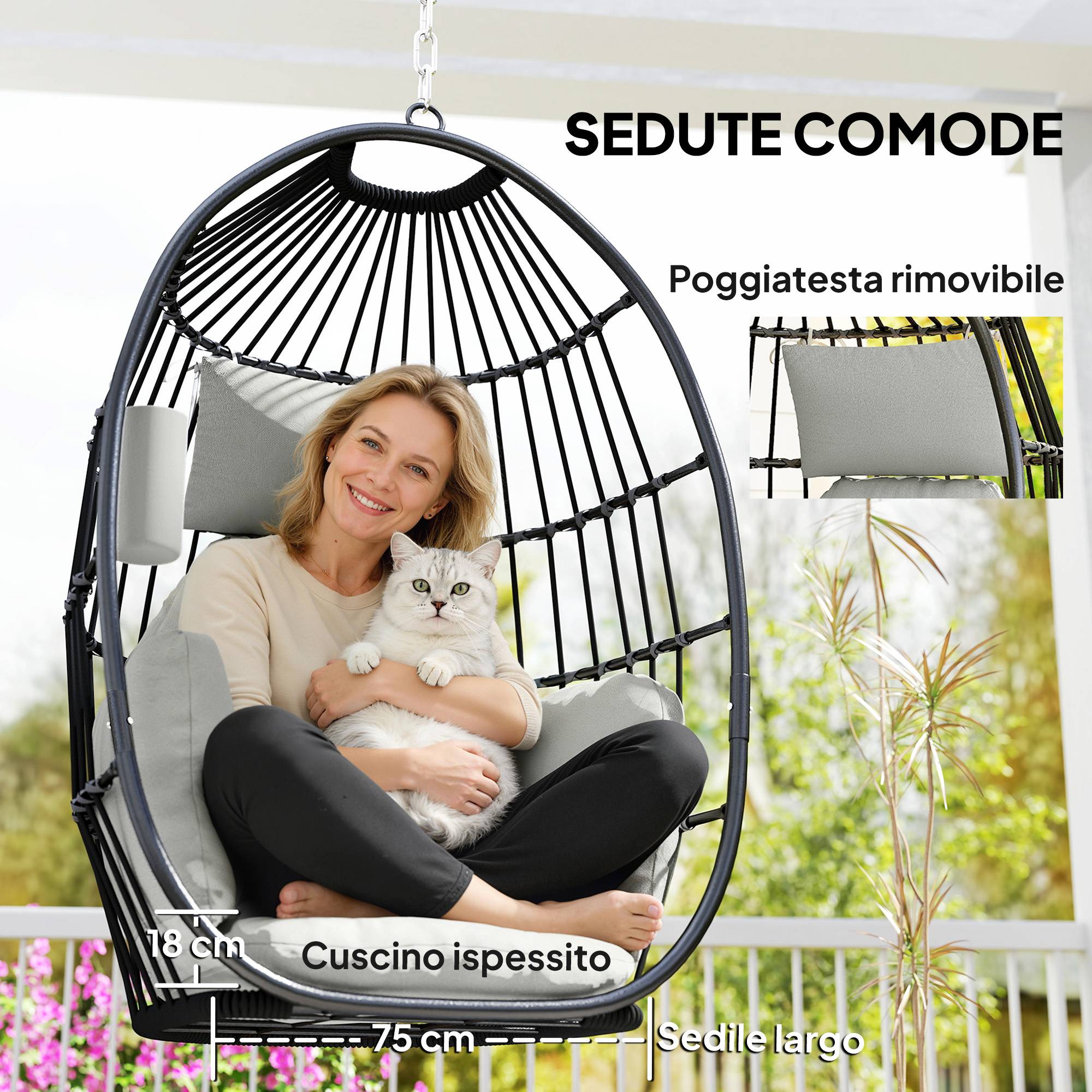 Fauteuil suspendu en forme d'œuf avec crochet, coussin et appui-tête, en acier et polyester, 75 x 62 x 107 cm, gris - Image 8