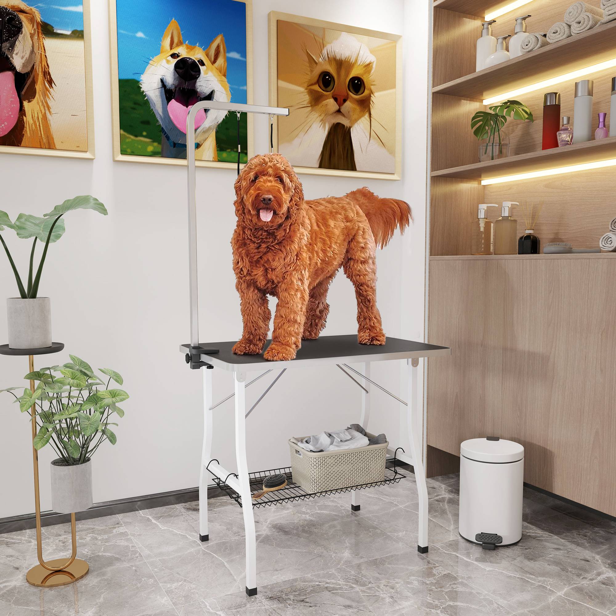 ComfortXL - Table de toilettage chien acier et caoutchouc noir 90 x 60 x 76 cm pliable avec bras réglable et rangement