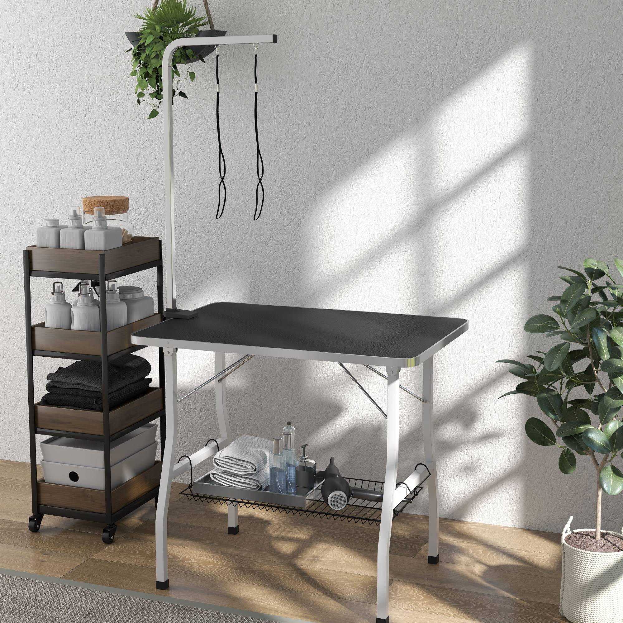 ComfortXL - Table de toilettage chien acier et caoutchouc noir 90 x 60 x 76 cm pliable avec bras réglable et rangement - Image 9