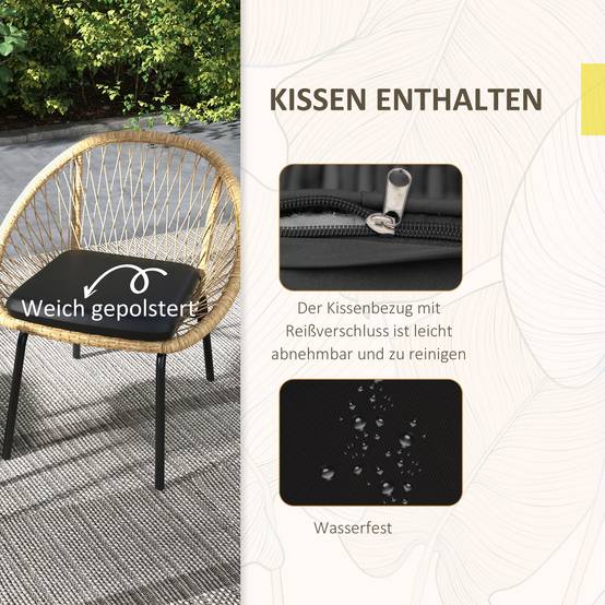 ComfortXL - Salon de jardin bistrot 3 pièces en résine tressée jaune avec 2 fauteuils et table ronde terrasse balcon - Image 6