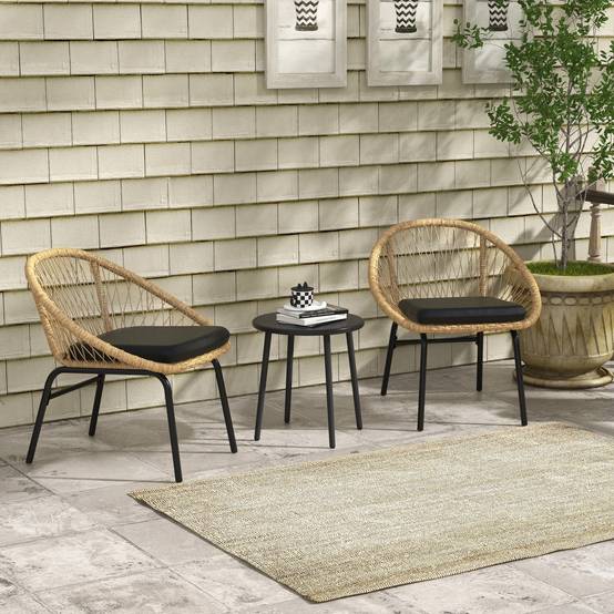 ComfortXL - Salon de jardin bistrot 3 pièces en résine tressée jaune avec 2 fauteuils et table ronde terrasse balcon - Image 1