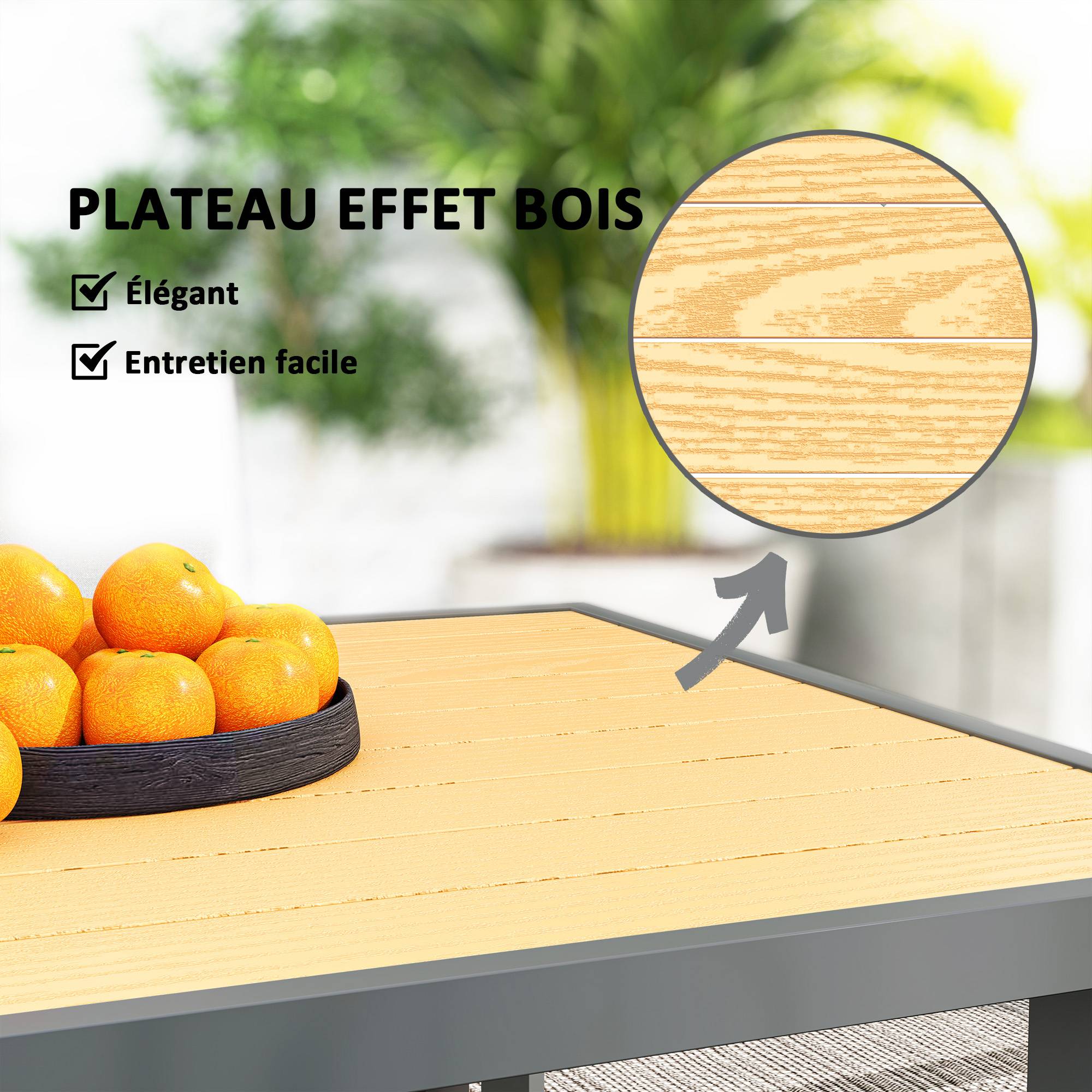 Table à manger de jardin pour 6 personnes table de jardin avec plateau effet bois en acier 150 x 90 x 72 cm bois naturel - Image 6