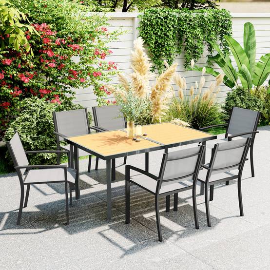 Table à manger de jardin pour 6 personnes table de jardin avec plateau effet bois en acier 150 x 90 x 72 cm bois naturel - Image 3