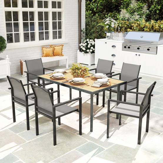 Table à manger de jardin pour 6 personnes table de jardin avec plateau effet bois en acier 150 x 90 x 72 cm bois naturel - Image 4