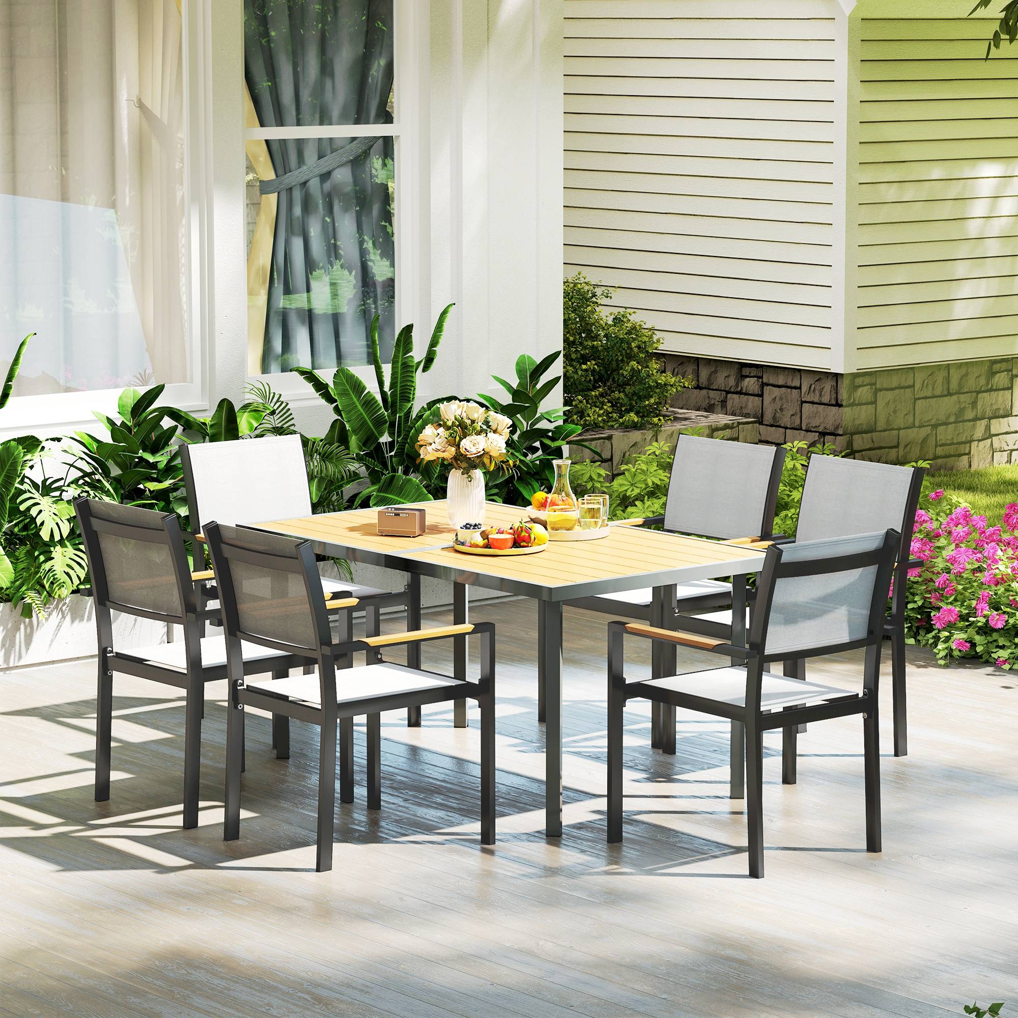 Table à manger de jardin pour 6 personnes table de jardin avec plateau effet bois en acier 150 x 90 x 72 cm bois naturel - Image 9