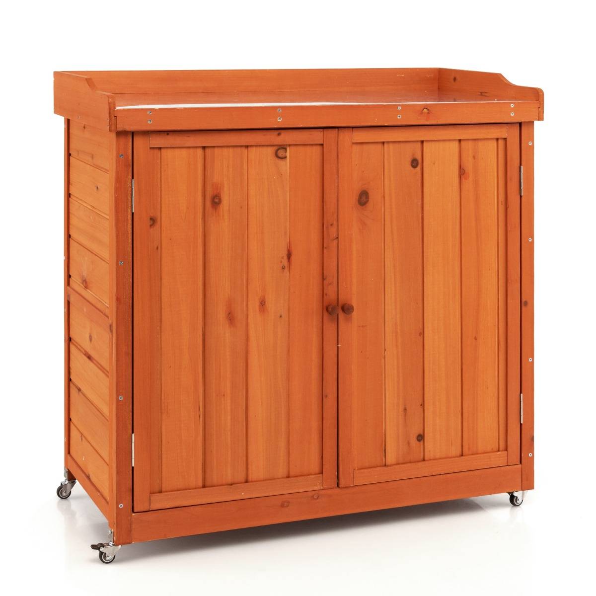 Rangement de Jardin Armoire en Bois Table de Jardinage avec Etagère Amovible 4 Roues Universelles Plateau en Acier Galvanisé - Image 1