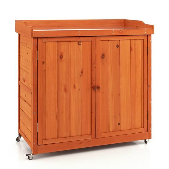 Rangement de Jardin Armoire en Bois Table de Jardinage avec Etagère Amovible 4 Roues Universelles Plateau en Acier Galvanisé - Image 2