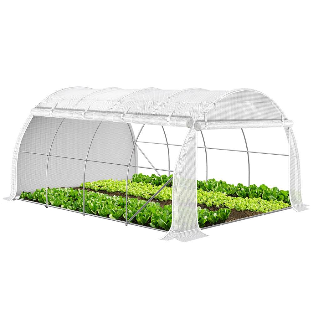 Serre de jardin tunnel Toute Saison 12m² - 4L x 3l x 2H m - fenêtres et portes latérales zippées enroulables, barre anti-tempête - Image 1