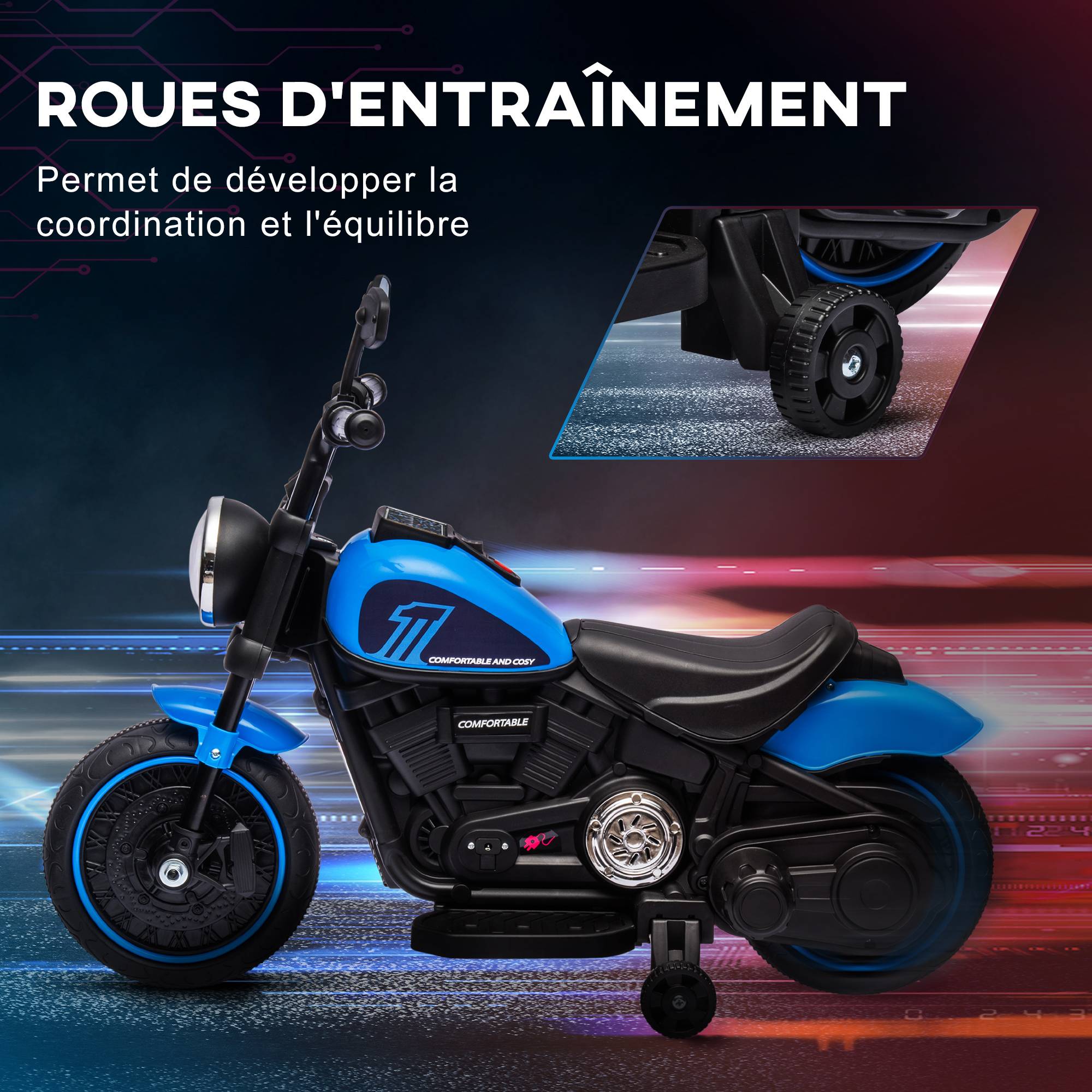 Moto électrique pour enfants 3 km/h 6V avec phare LED 2 roues d'entraînement de 18 à 36 mois avec moteur puissant bleu - Image 7